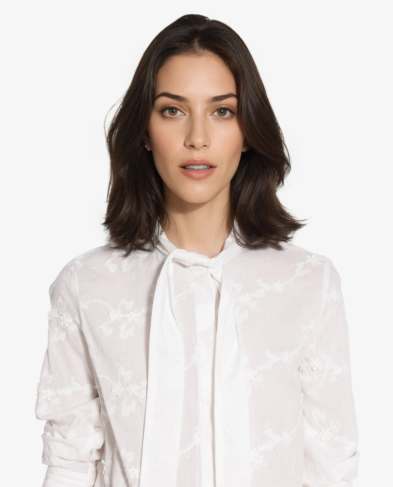 Rareism Women Jeneiro White Cotton Fabric Cuffed Sleeves Tie Up Neck Plain Shirt