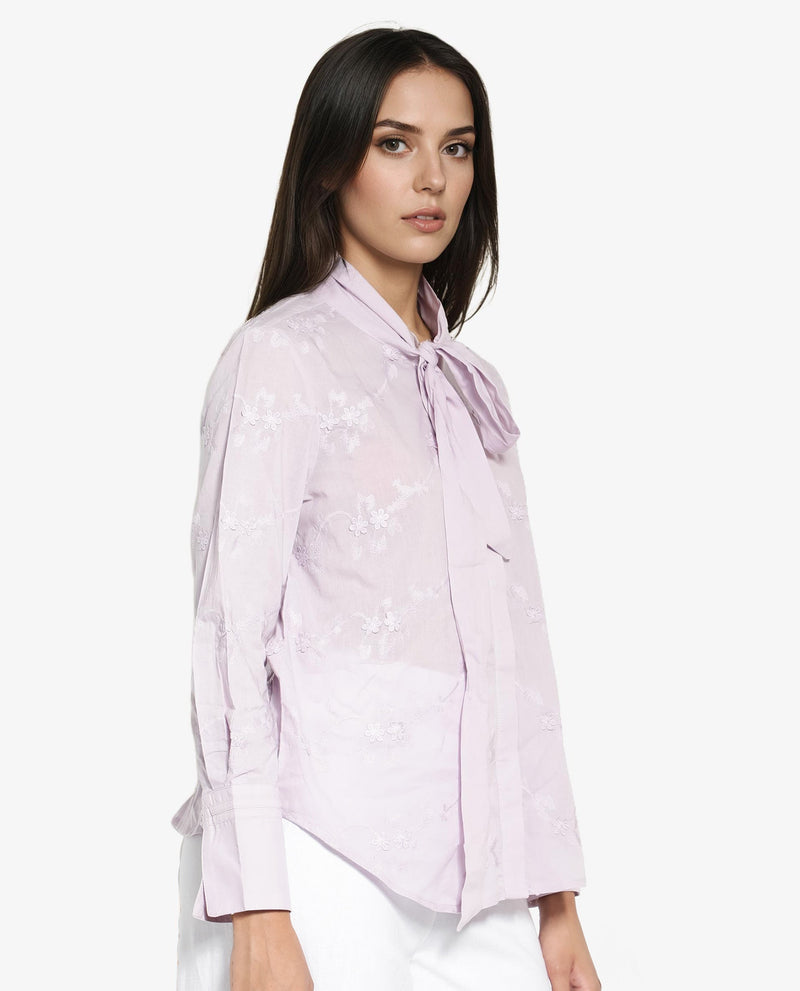 Rareism Women Jeneiro Pastel Purple Cotton Fabric Cuffed Sleeves Tie Up Neck Plain Shirt