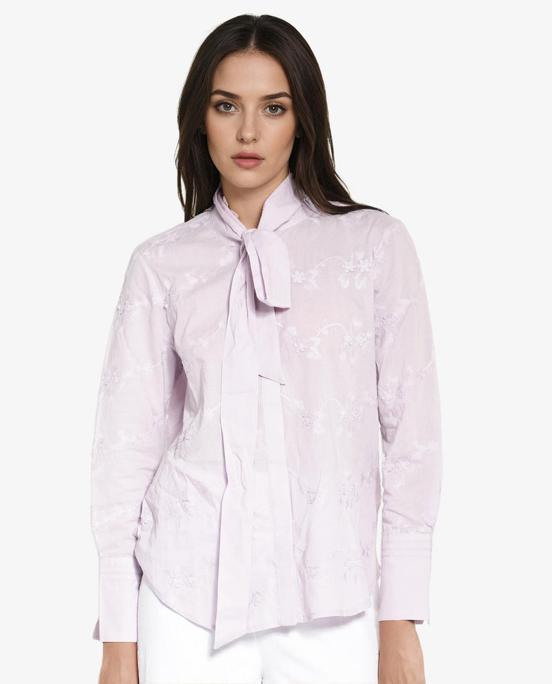 Rareism Women Jeneiro Pastel Purple Cotton Fabric Cuffed Sleeves Tie Up Neck Plain Shirt