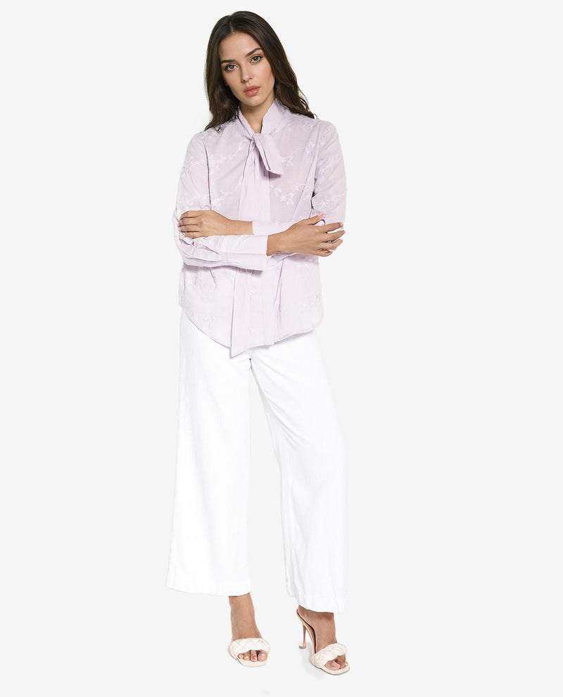 Rareism Women Jeneiro Pastel Purple Cotton Fabric Cuffed Sleeves Tie Up Neck Plain Shirt