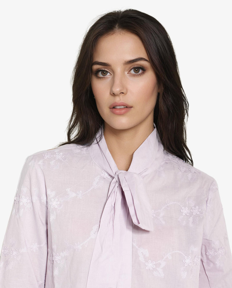 Rareism Women Jeneiro Pastel Purple Cotton Fabric Cuffed Sleeves Tie Up Neck Plain Shirt