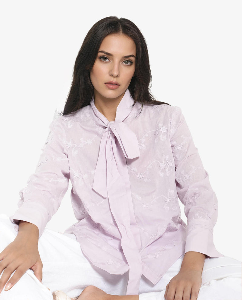 Rareism Women Jeneiro Pastel Purple Cotton Fabric Cuffed Sleeves Tie Up Neck Plain Shirt