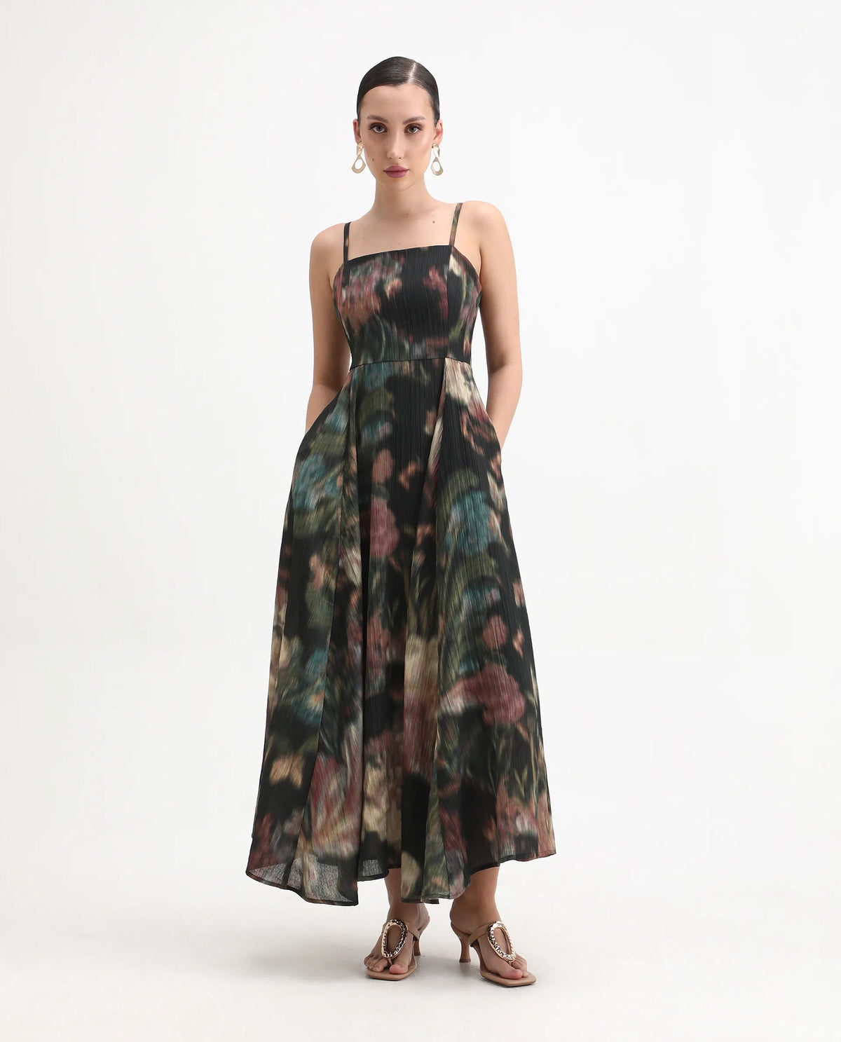 Rareism Women's Jenito Black Polyester Tube Neck Fit And Flare Printed Midi Dress