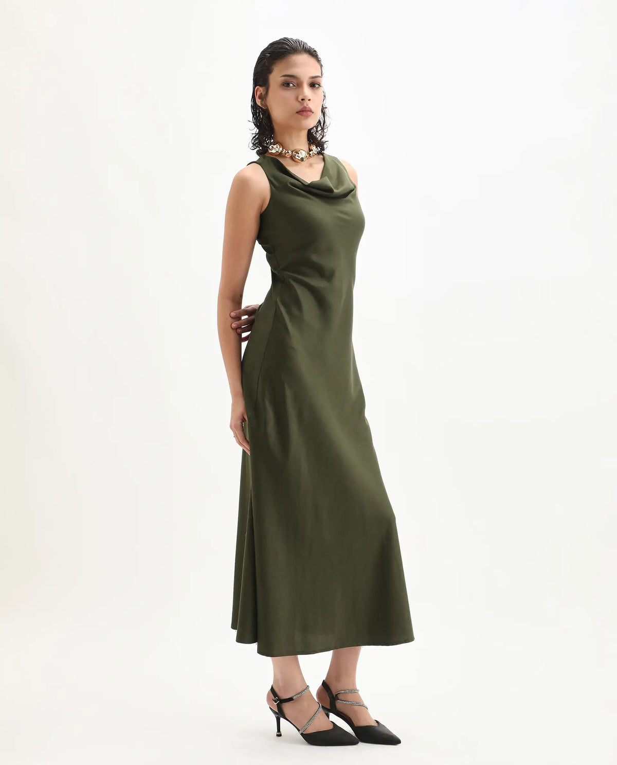 Rareism Women's Jenket Olive Cotton Blend Cowl Fit And Flare Plain Midi Dress