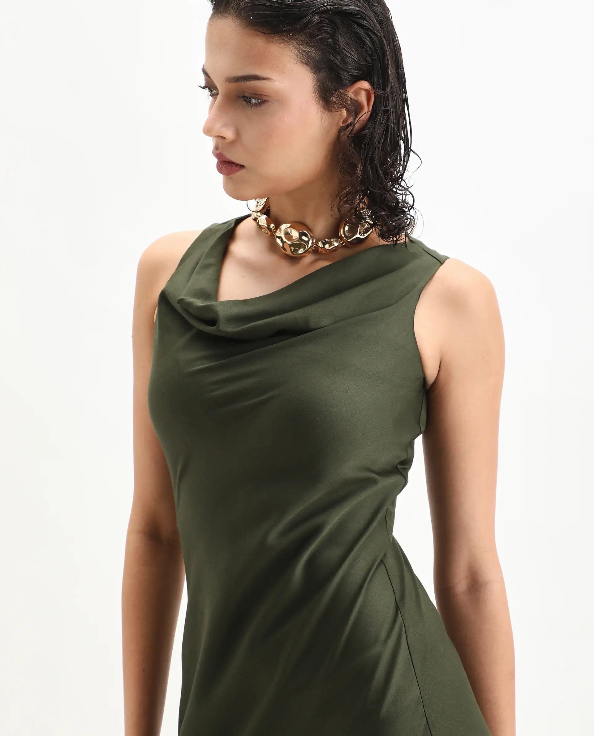 Rareism Women's Jenket Olive Cotton Blend Cowl Fit And Flare Plain Midi Dress