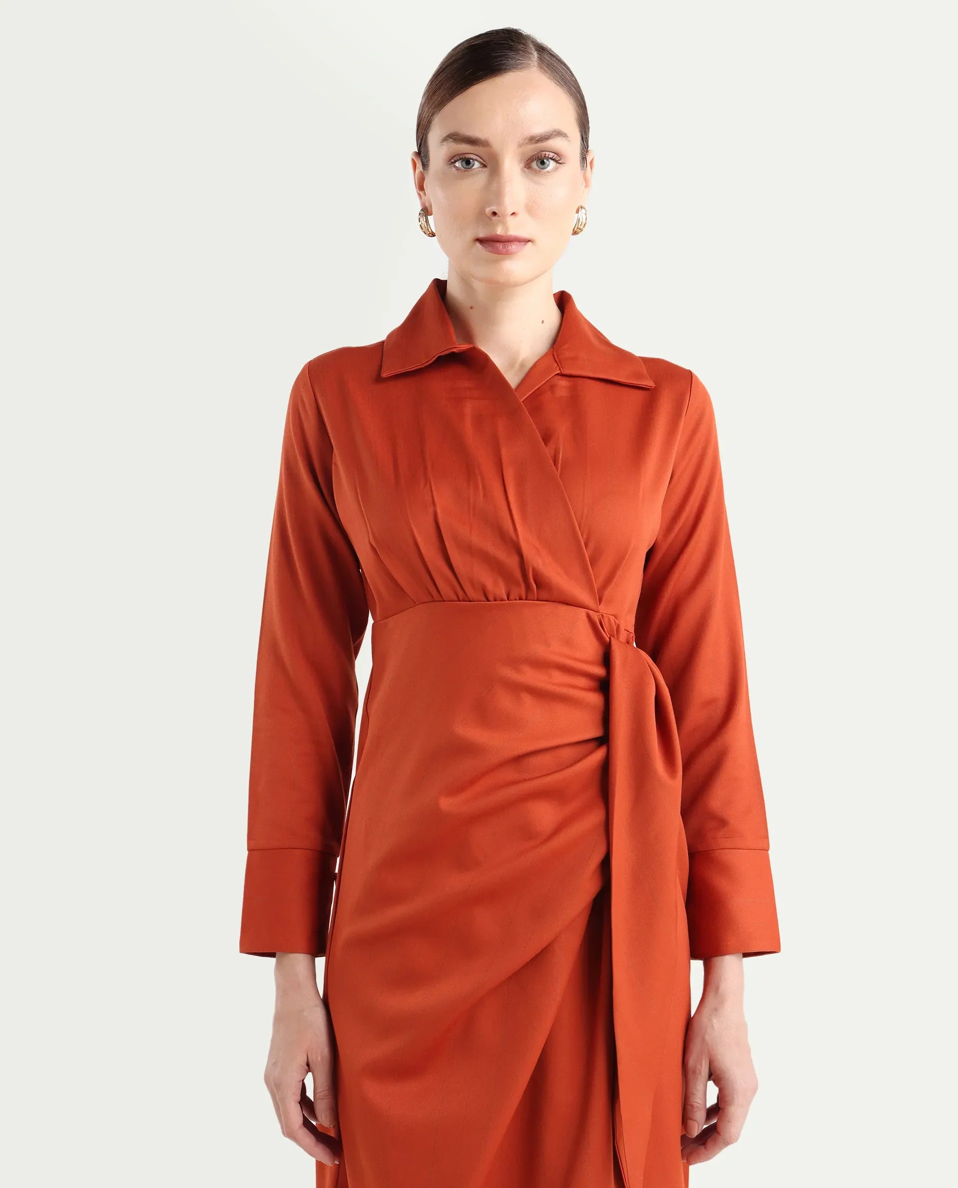 Rareism Women's Jenlin Rust Polyester Blend Full Sleeve Jonny Collar Straight Fit Dress