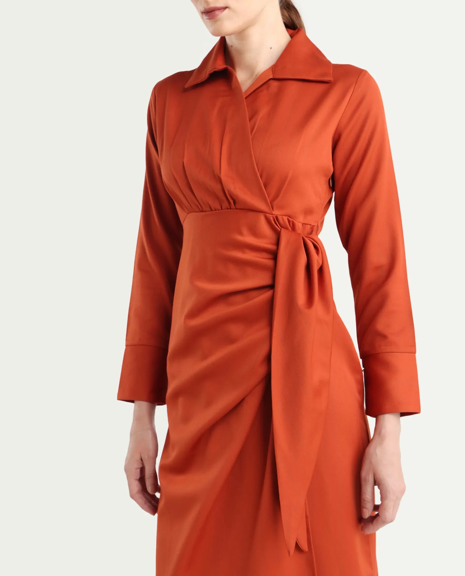 Rareism Women's Jenlin Rust Polyester Blend Full Sleeve Jonny Collar Straight Fit Dress