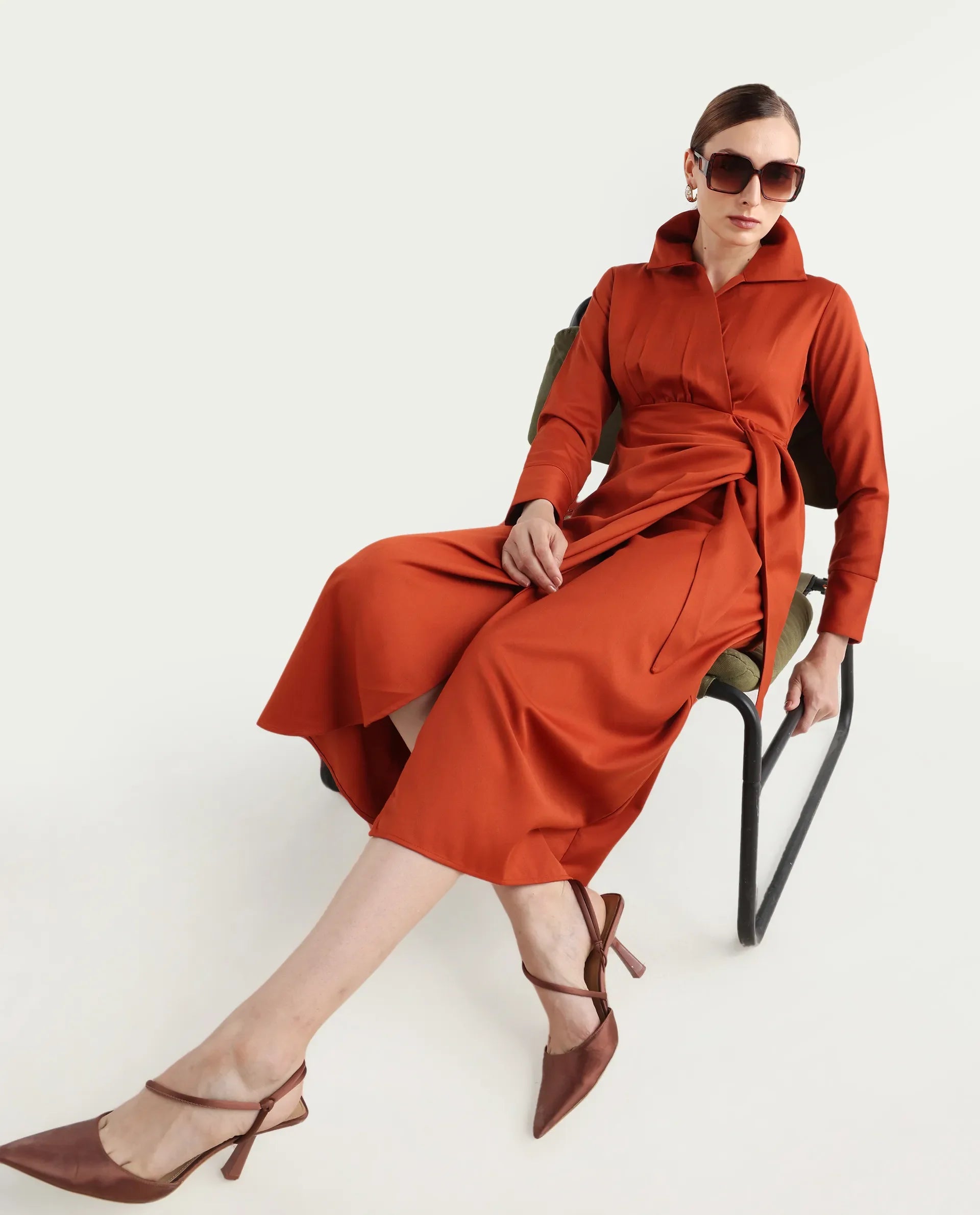Rareism Women's Jenlin Rust Polyester Blend Full Sleeve Jonny Collar Straight Fit Dress