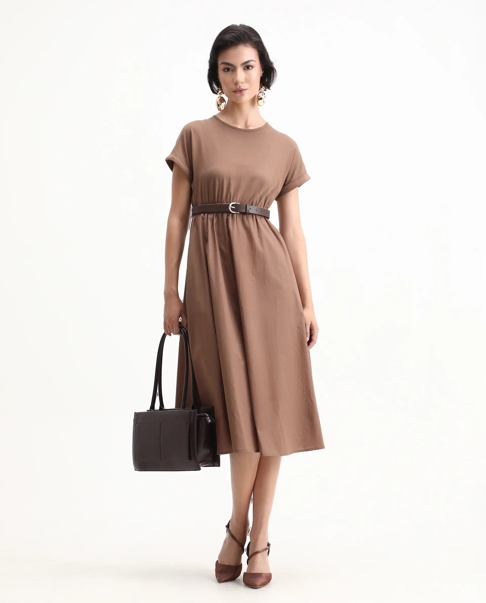Rareism Women's Jento Brown Cotton Round Neck Fit And Flare Plain Midi Dress