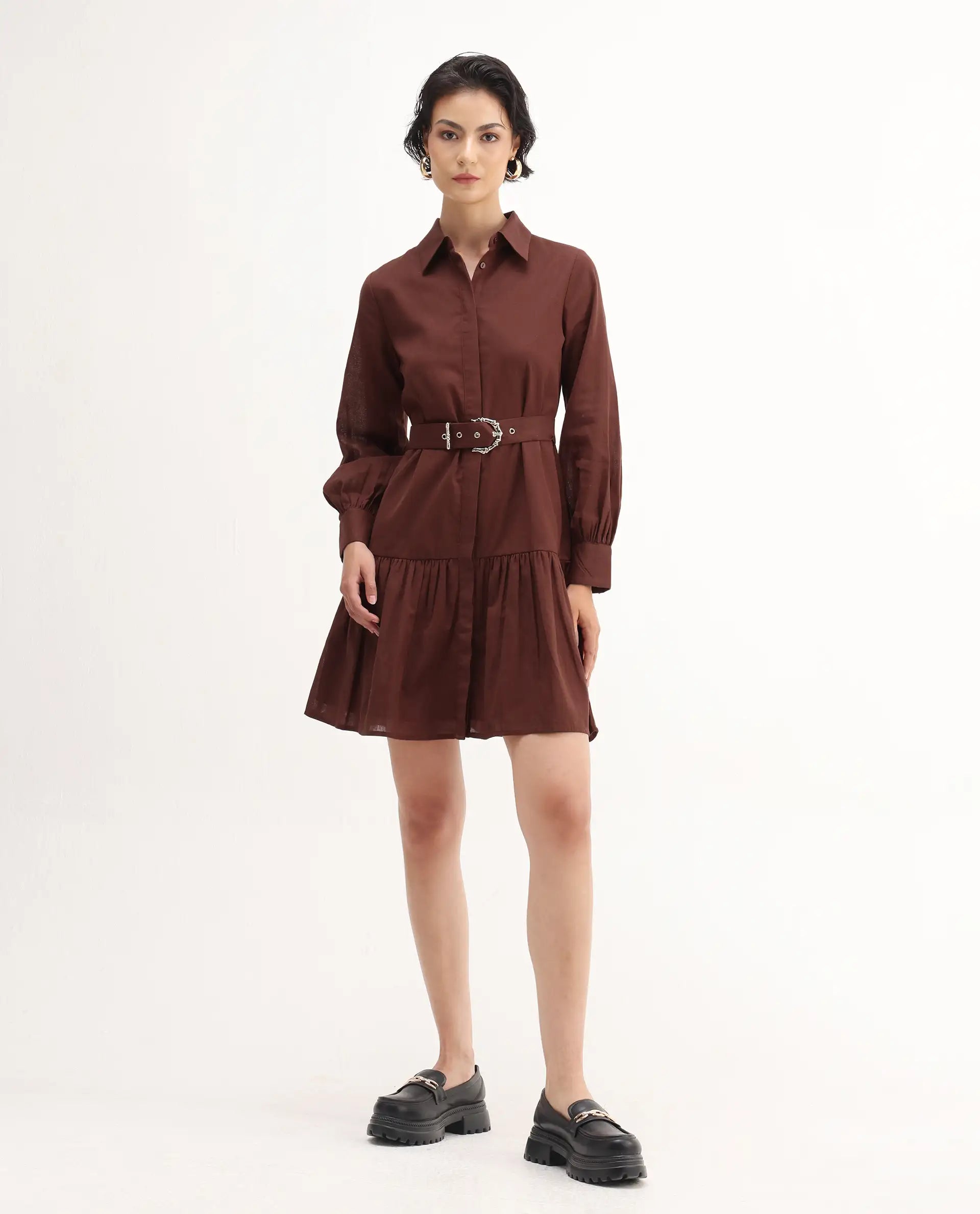 Rareism Women's Jenron Brown Cotton Blend Cuffed Sleeve Collared Neck Flared Fit Plain Dress