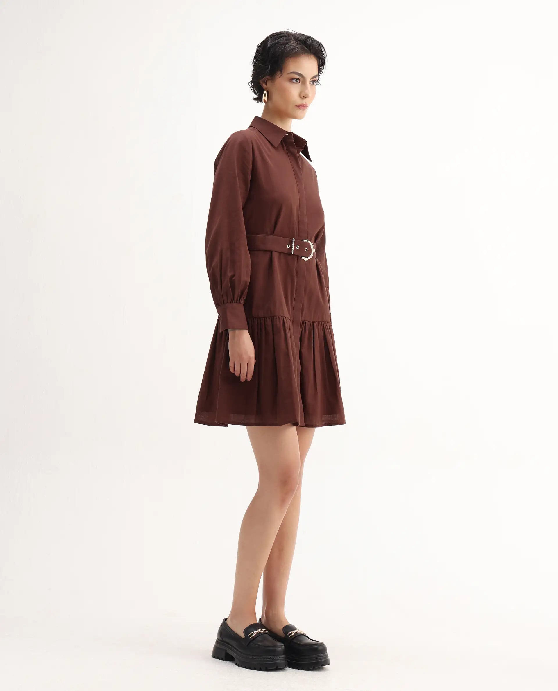 Rareism Women's Jenron Brown Cotton Blend Cuffed Sleeve Collared Neck Flared Fit Plain Dress