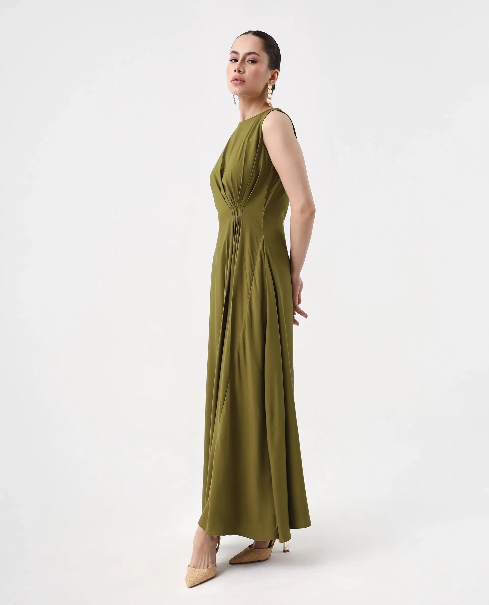 Rareism Women's Jensero Olive Viscose Round Neck Fit And Flare Plain Dress