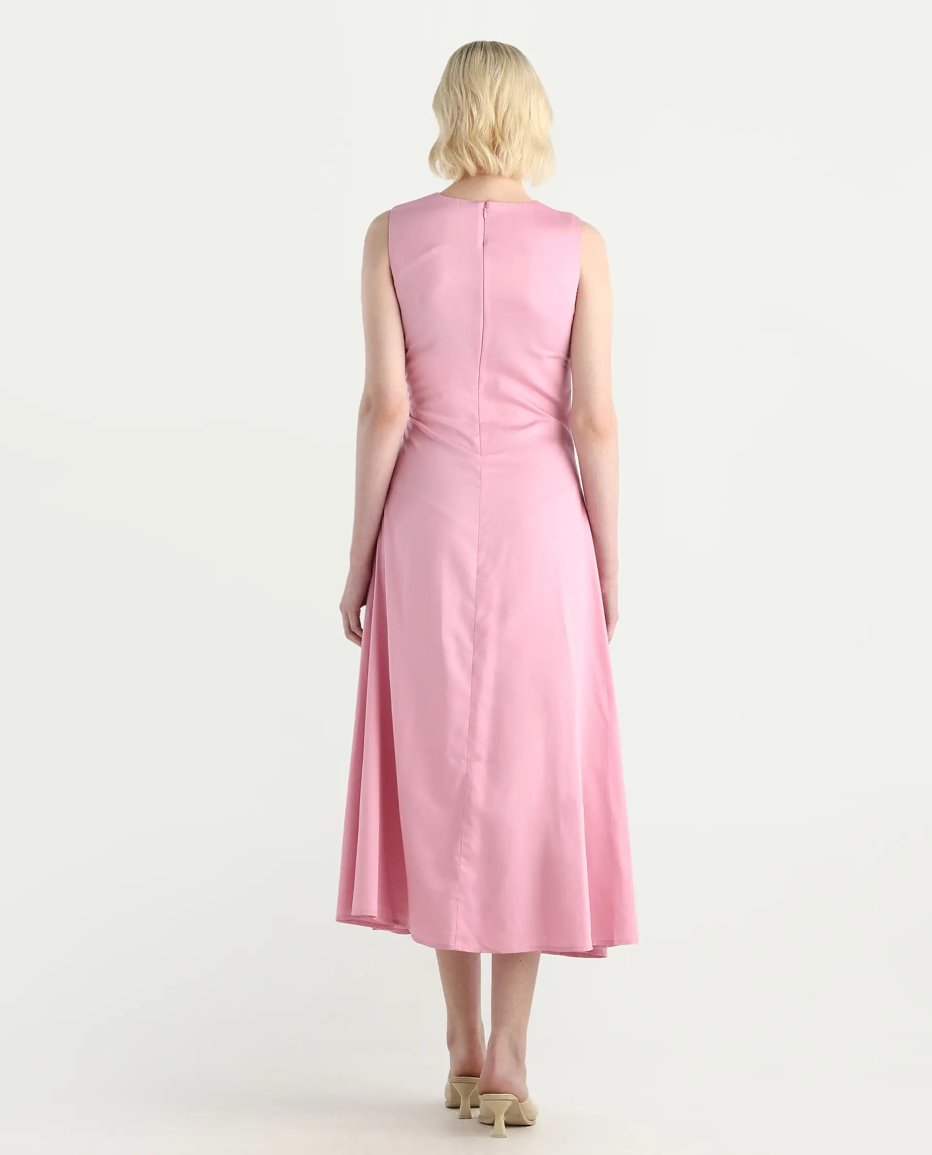 Rareism Women's Jensero Pink Dusky Cotton Blend Sleeveless Round Neck Fit And Flare Fit Plain Dress