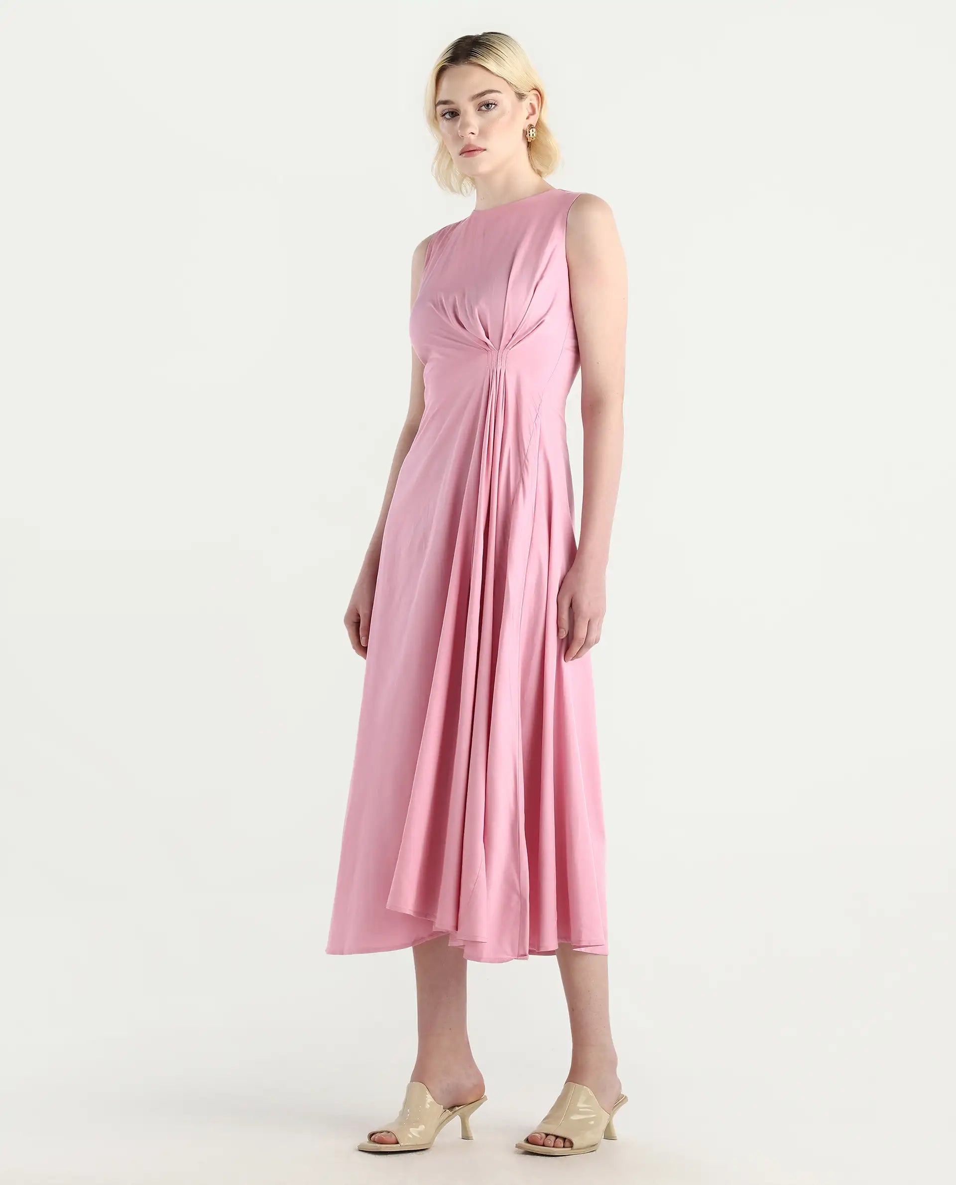 Rareism Women's Jensero Pink Dusky Cotton Blend Sleeveless Round Neck Fit And Flare Fit Plain Dress