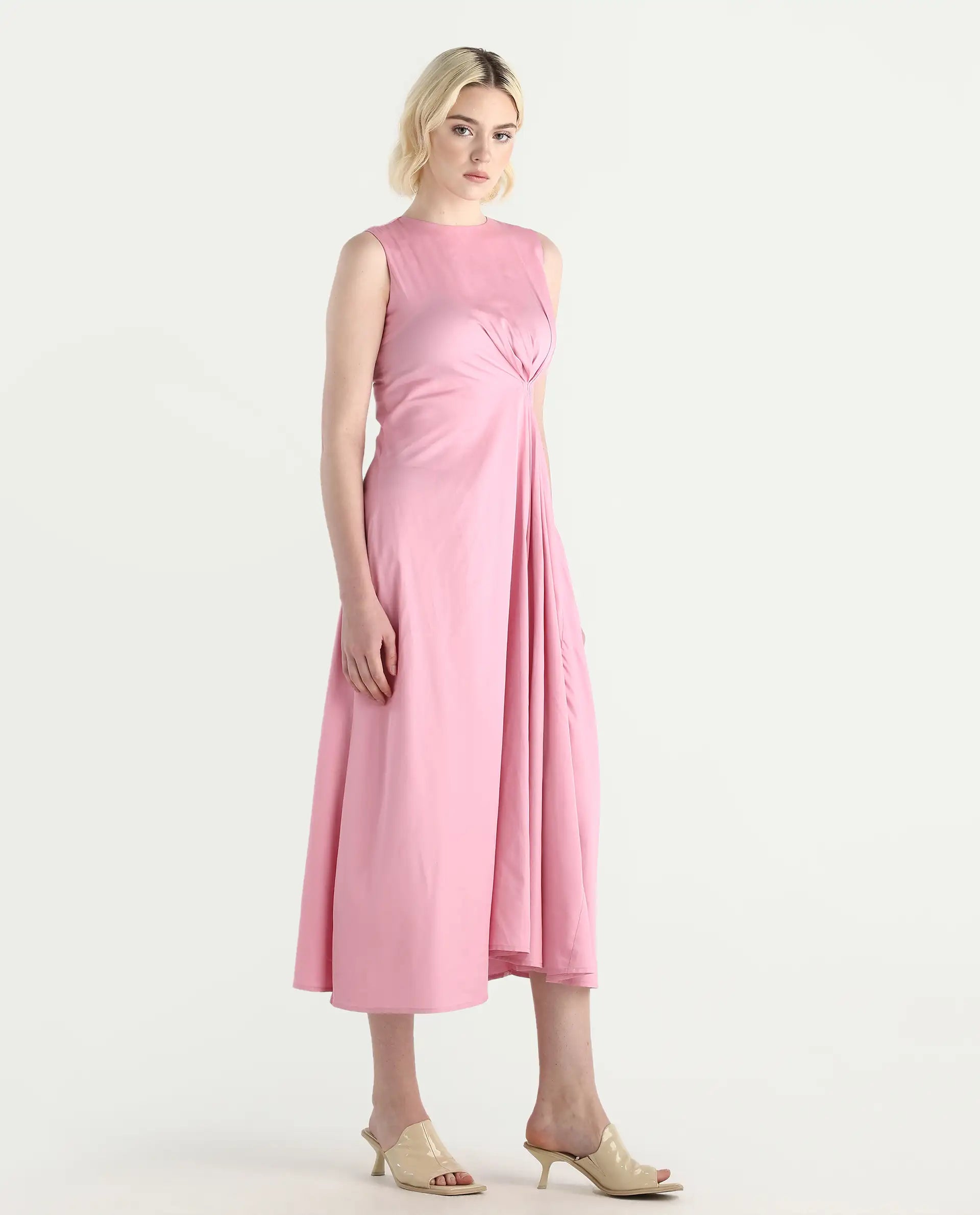 Rareism Women's Jensero Pink Dusky Cotton Blend Sleeveless Round Neck Fit And Flare Fit Plain Dress