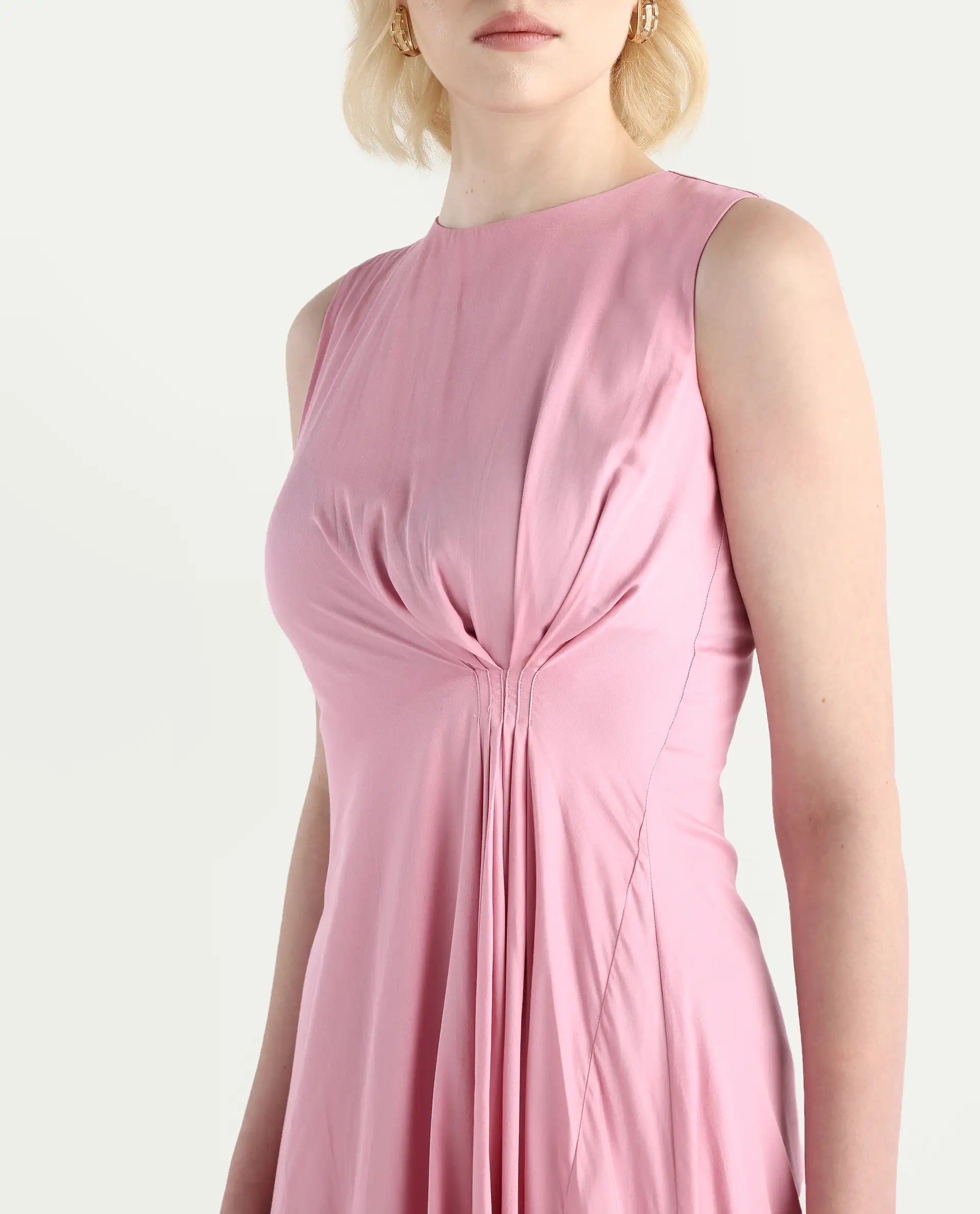 Rareism Women's Jensero Pink Dusky Cotton Blend Sleeveless Round Neck Fit And Flare Fit Plain Dress