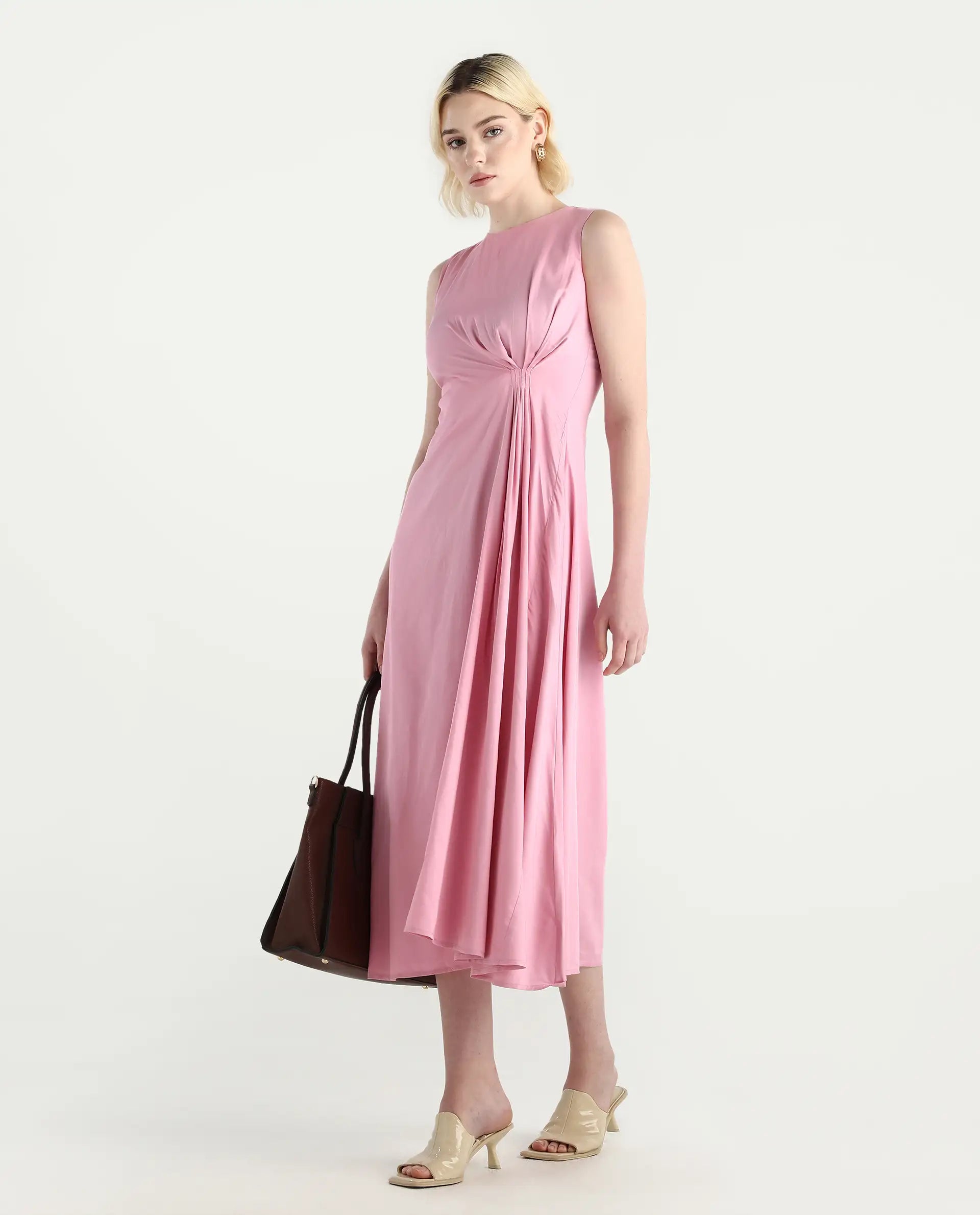 Rareism Women's Jensero Pink Dusky Cotton Blend Sleeveless Round Neck Fit And Flare Fit Plain Dress