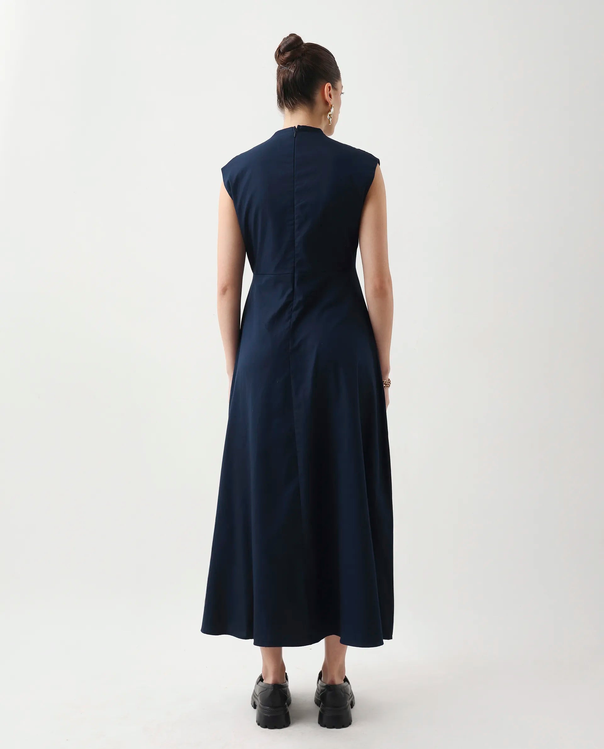 Rareism Women's Jenshi Navy Cotton V-Neck Fit And Flare Plain Dress
