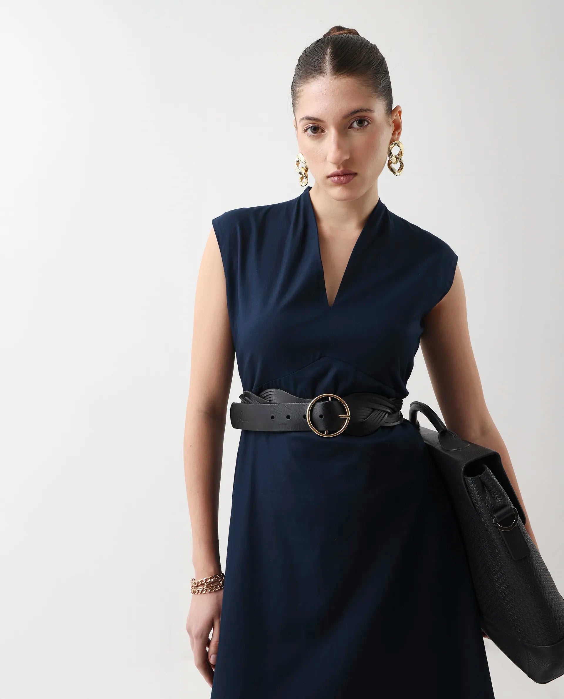 Rareism Women's Jenshi Navy Cotton V-Neck Fit And Flare Plain Dress