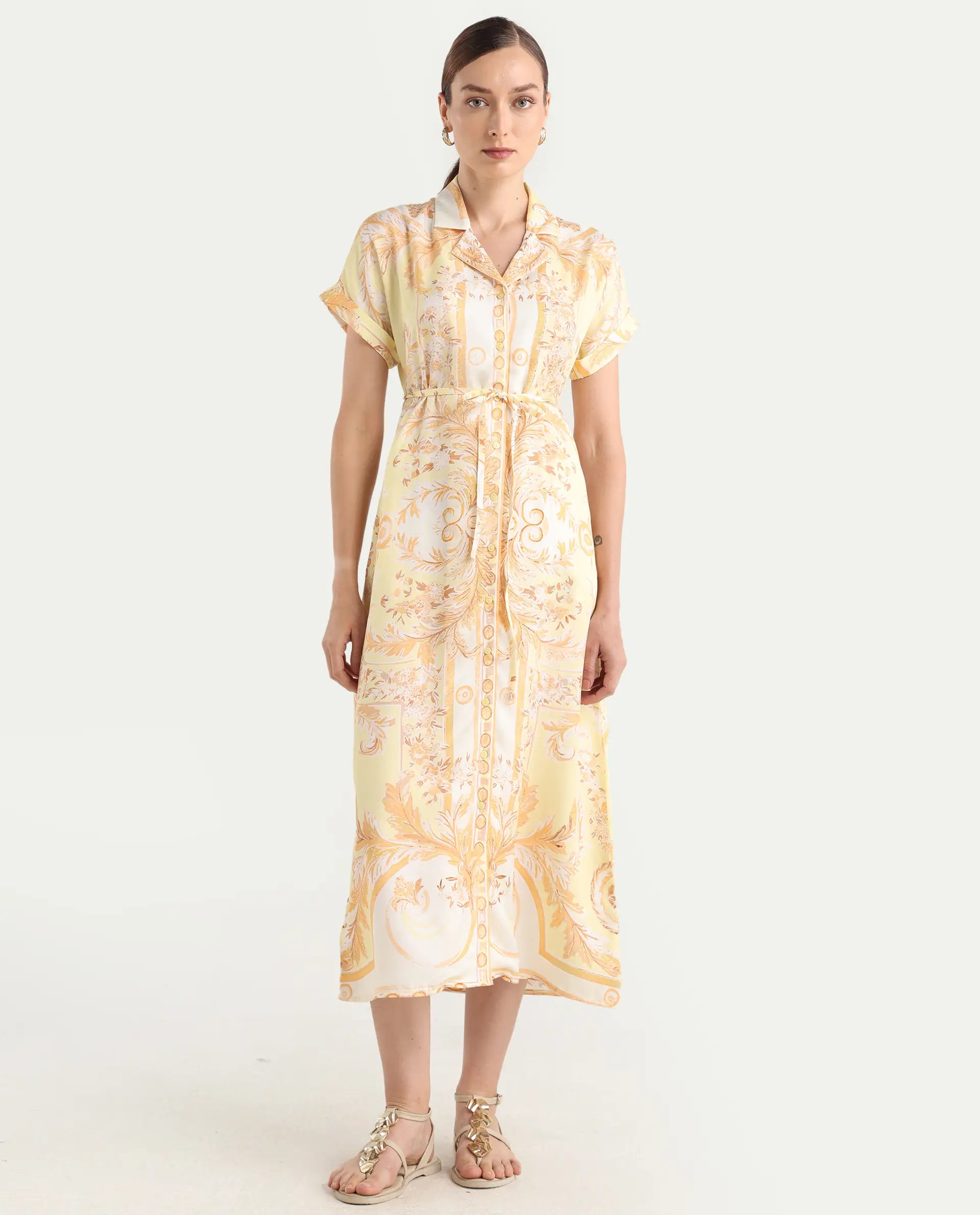 Rareism Women Jenson Yellow Lapel Neck Button Closure A-Line Maxi Printed Dress