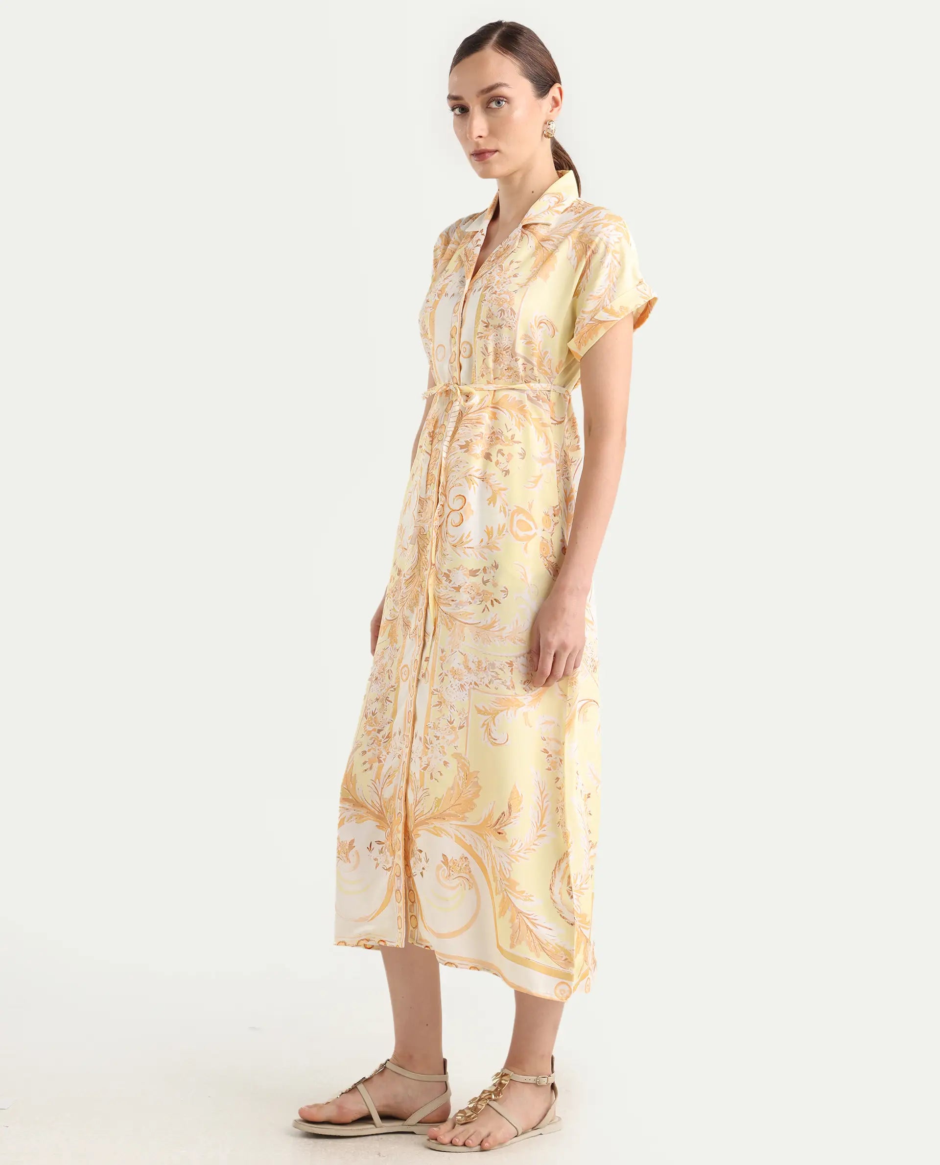 Rareism Women Jenson Yellow Lapel Neck Button Closure A-Line Maxi Printed Dress