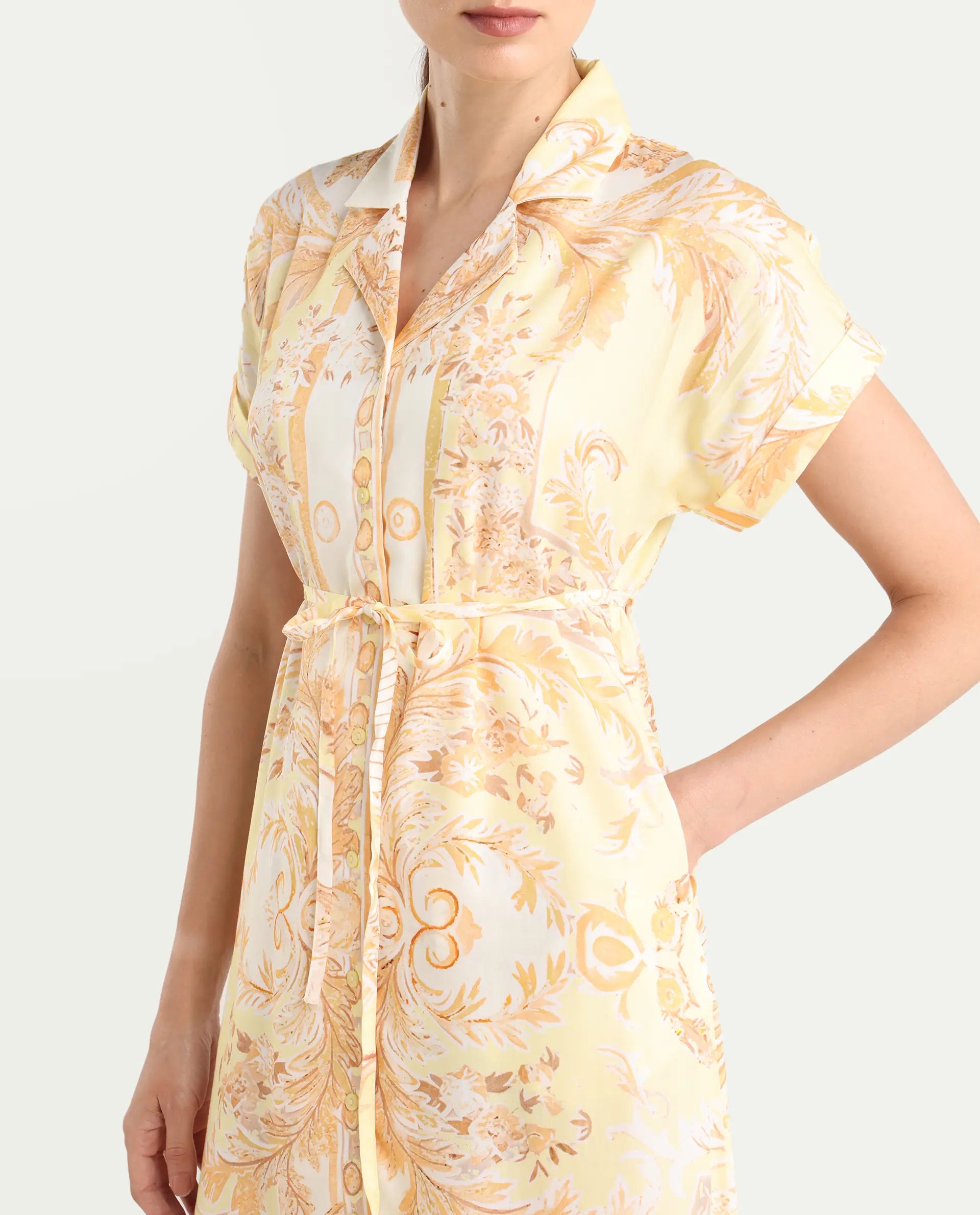 Rareism Women Jenson Yellow Lapel Neck Button Closure A-Line Maxi Printed Dress