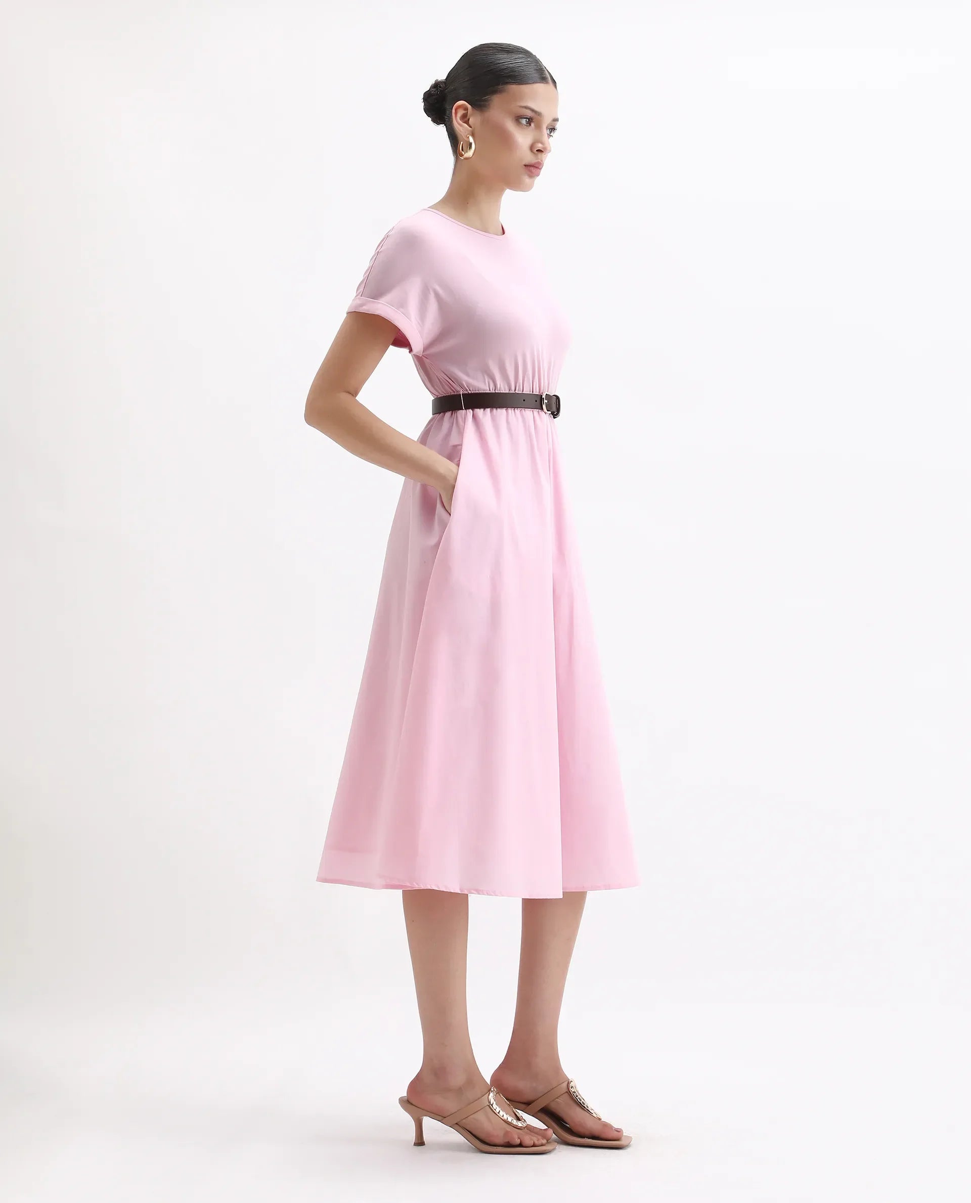 Rareism Women's Jento Pink Cotton Crew Neck Fit And Flare Dress