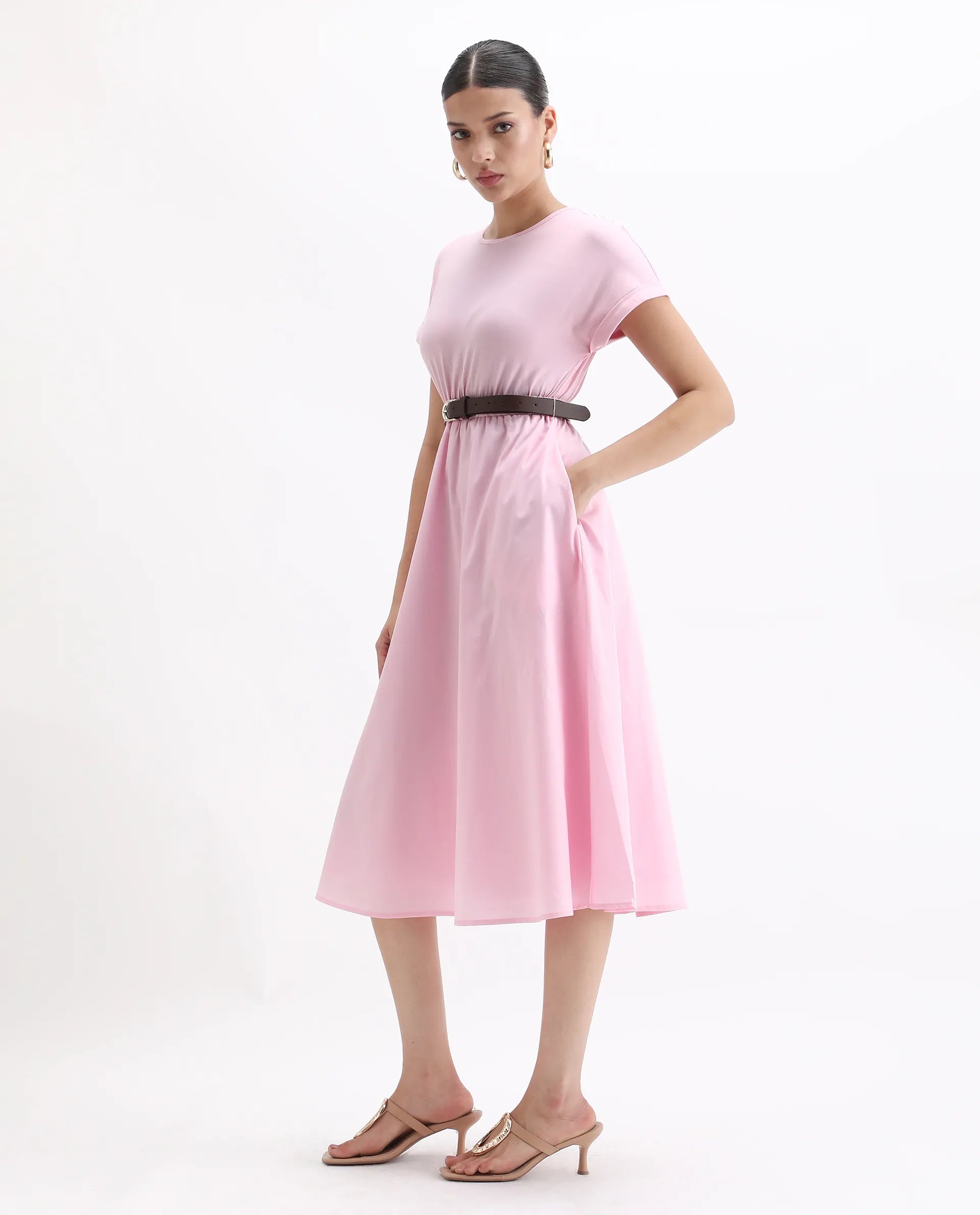 Rareism Women's Jento Pink Cotton Crew Neck Fit And Flare Dress