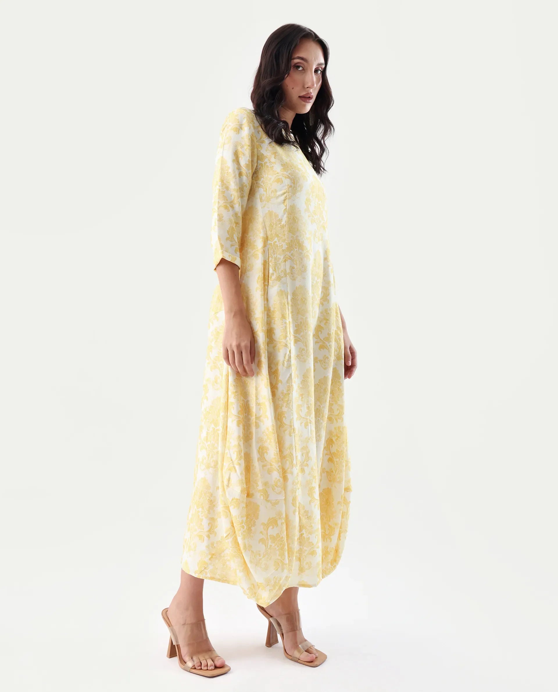 Rareism Women's Jenxi Yellow Viscose Blend Crew Neck Relaxed Fit Dress