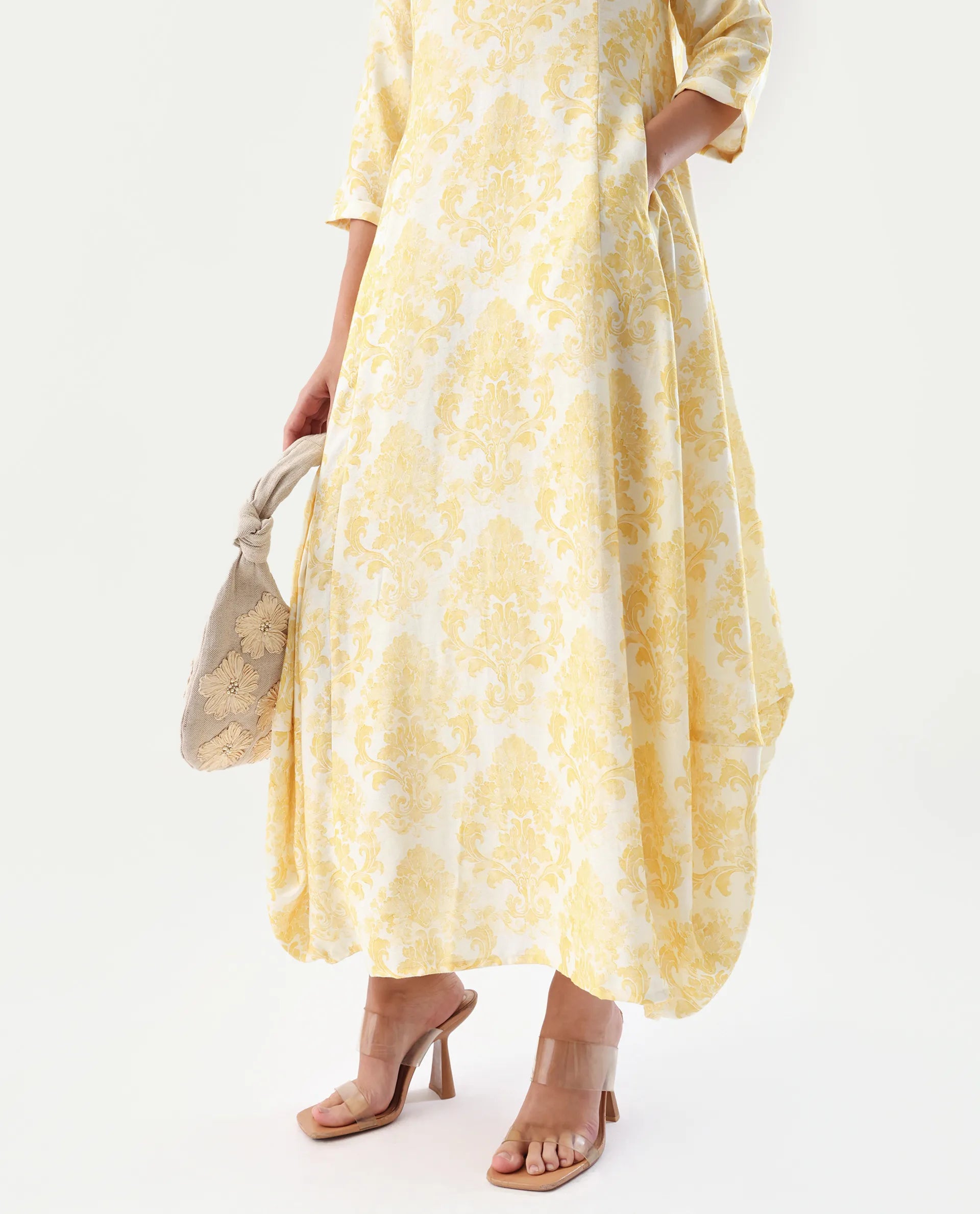 Rareism Women's Jenxi Yellow Viscose Blend Crew Neck Relaxed Fit Dress