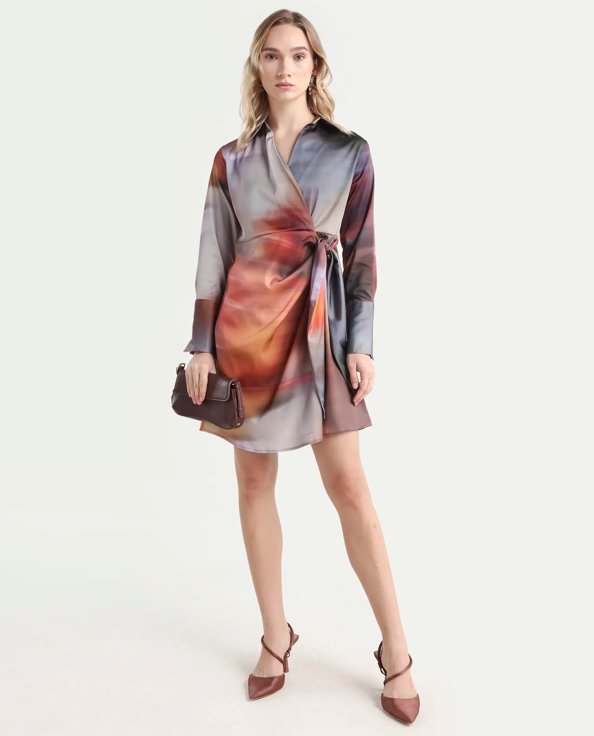 Rareism Women's Jengo Multi Polyester Johnny Collar Straight Fit Dress