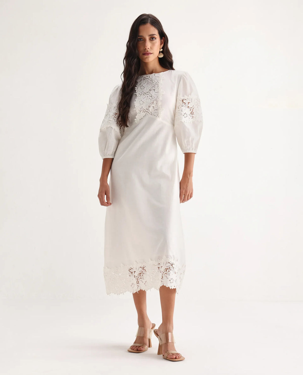 Rareism Women's Jex Off White Cotton Blend Round Neck A-Line Plain Midi Dress