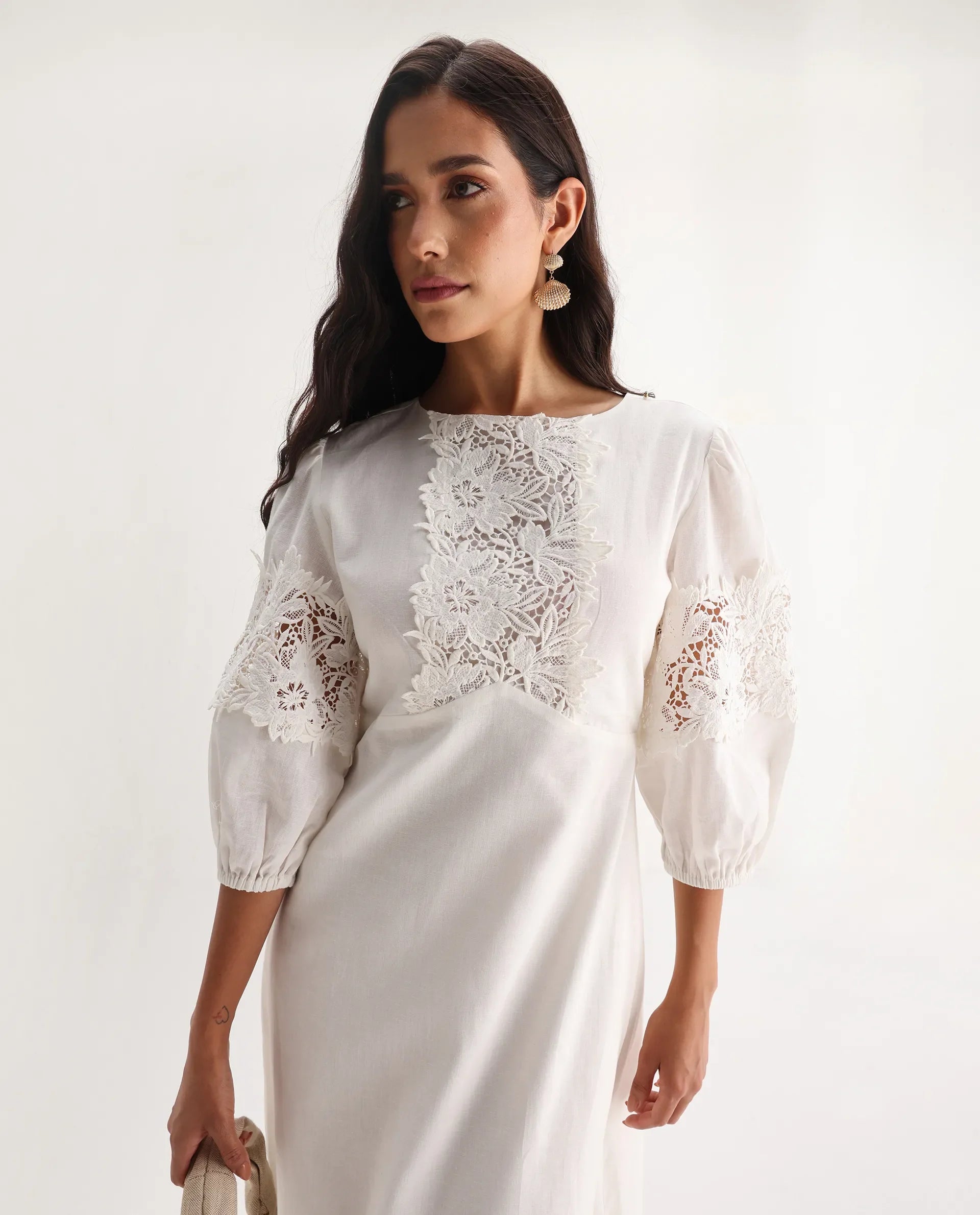 Rareism Women's Jex Off White Cotton Blend Round Neck A-Line Plain Midi Dress