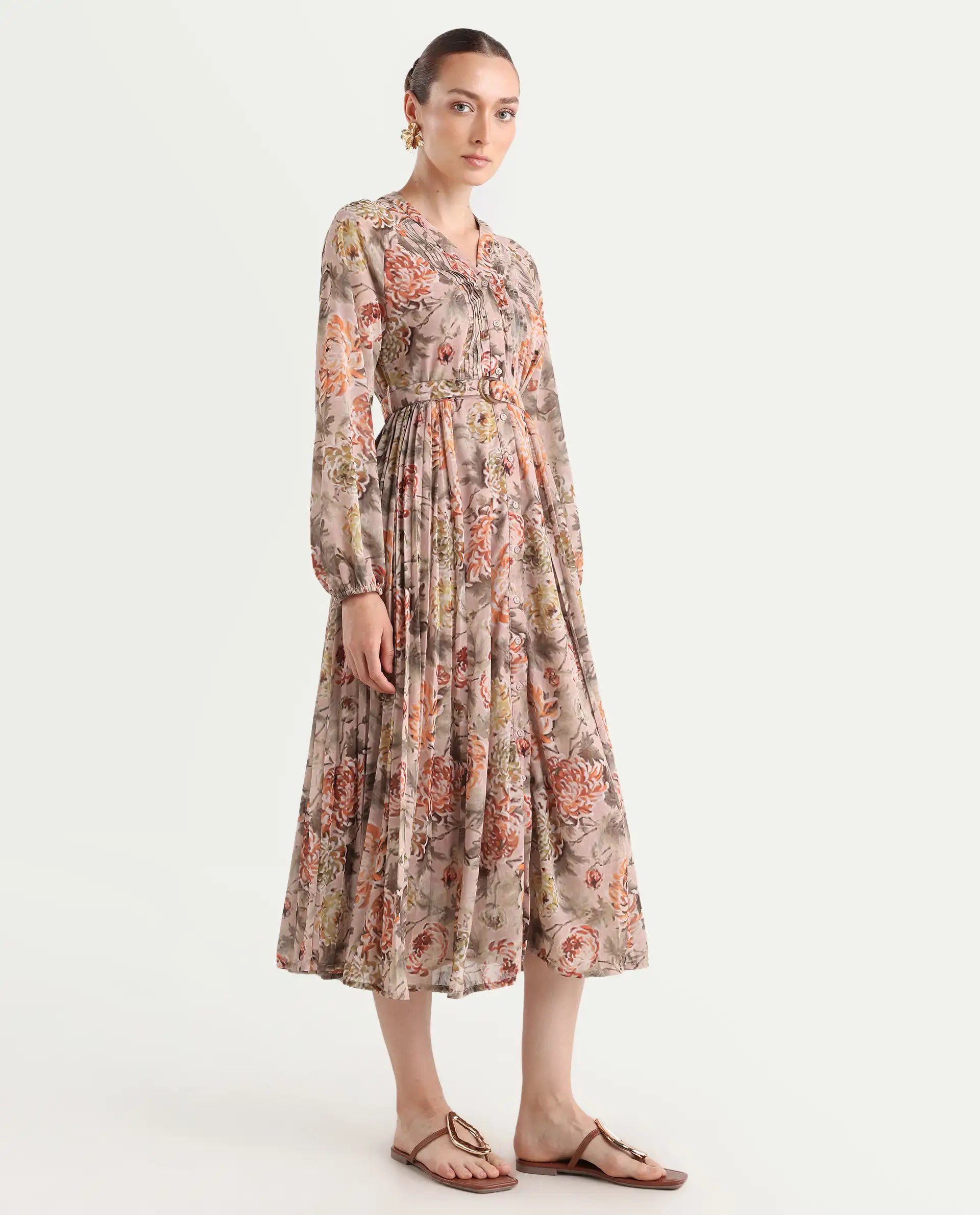 Rareism Women's Jibon Multi Polyester V-Neck Floral Print Midi A-Line Dress