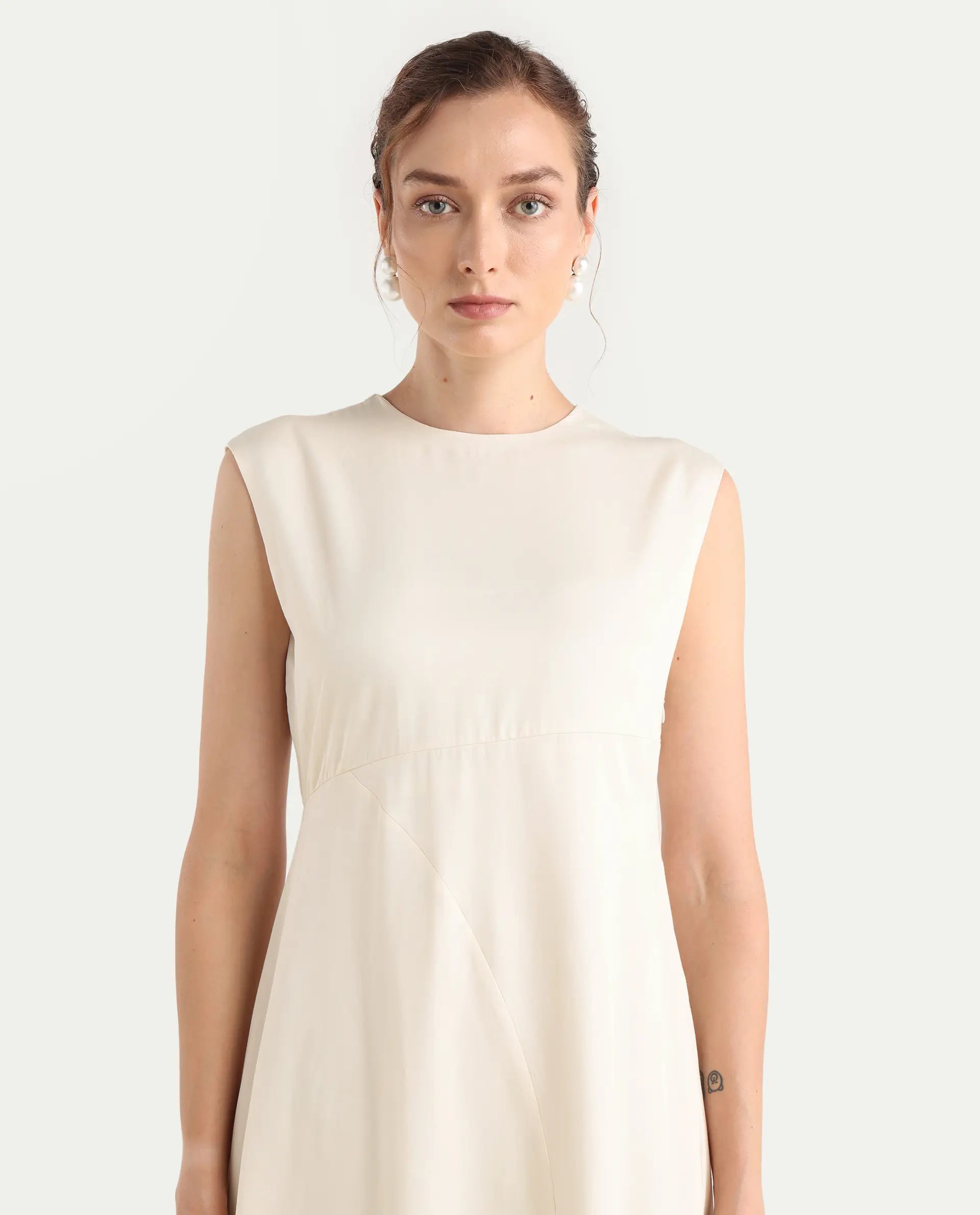 Rareism Women's Jio Off-White Cotton Blend Plain Fit And Flare Dress