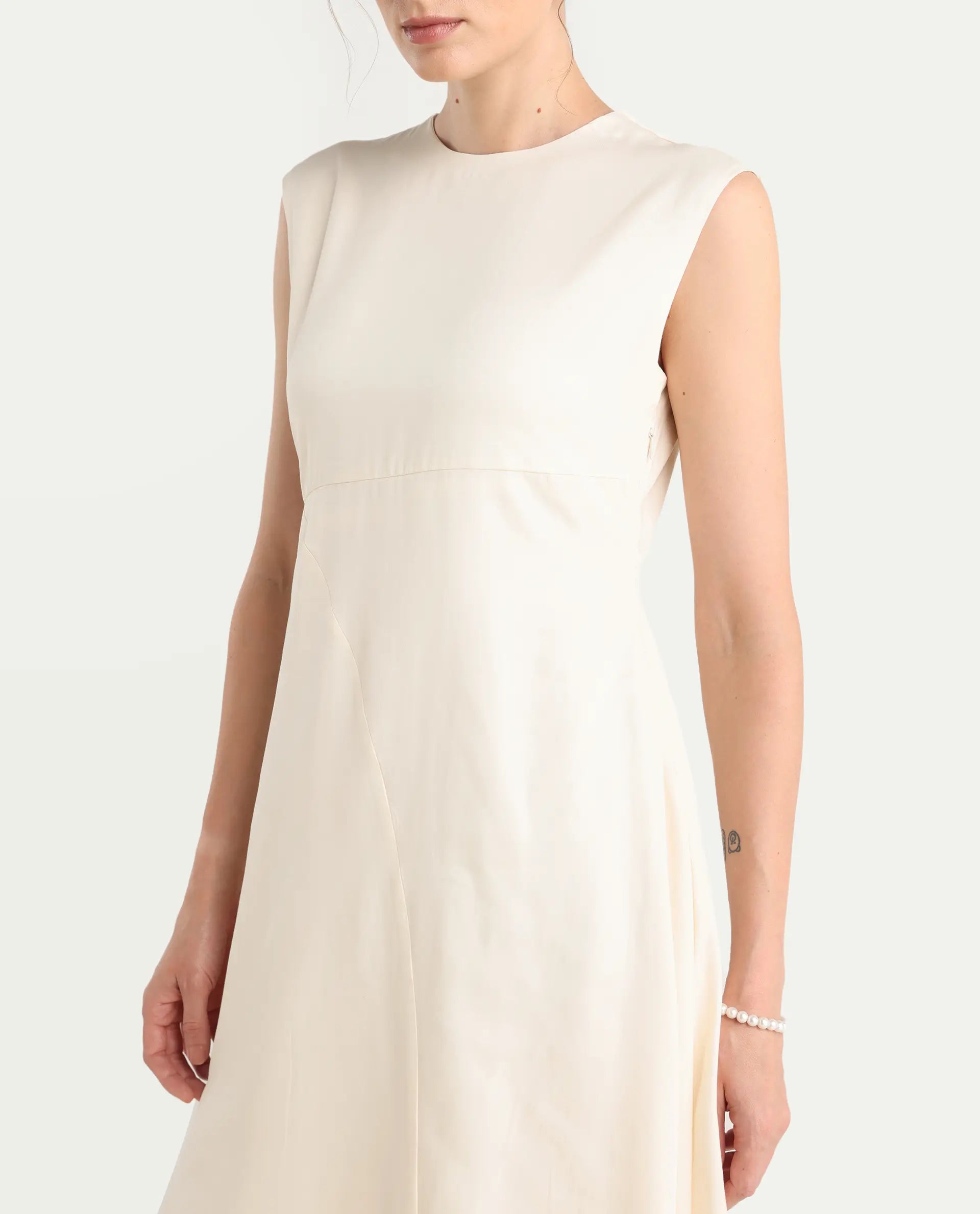 Rareism Women's Jio Off-White Cotton Blend Plain Fit And Flare Dress