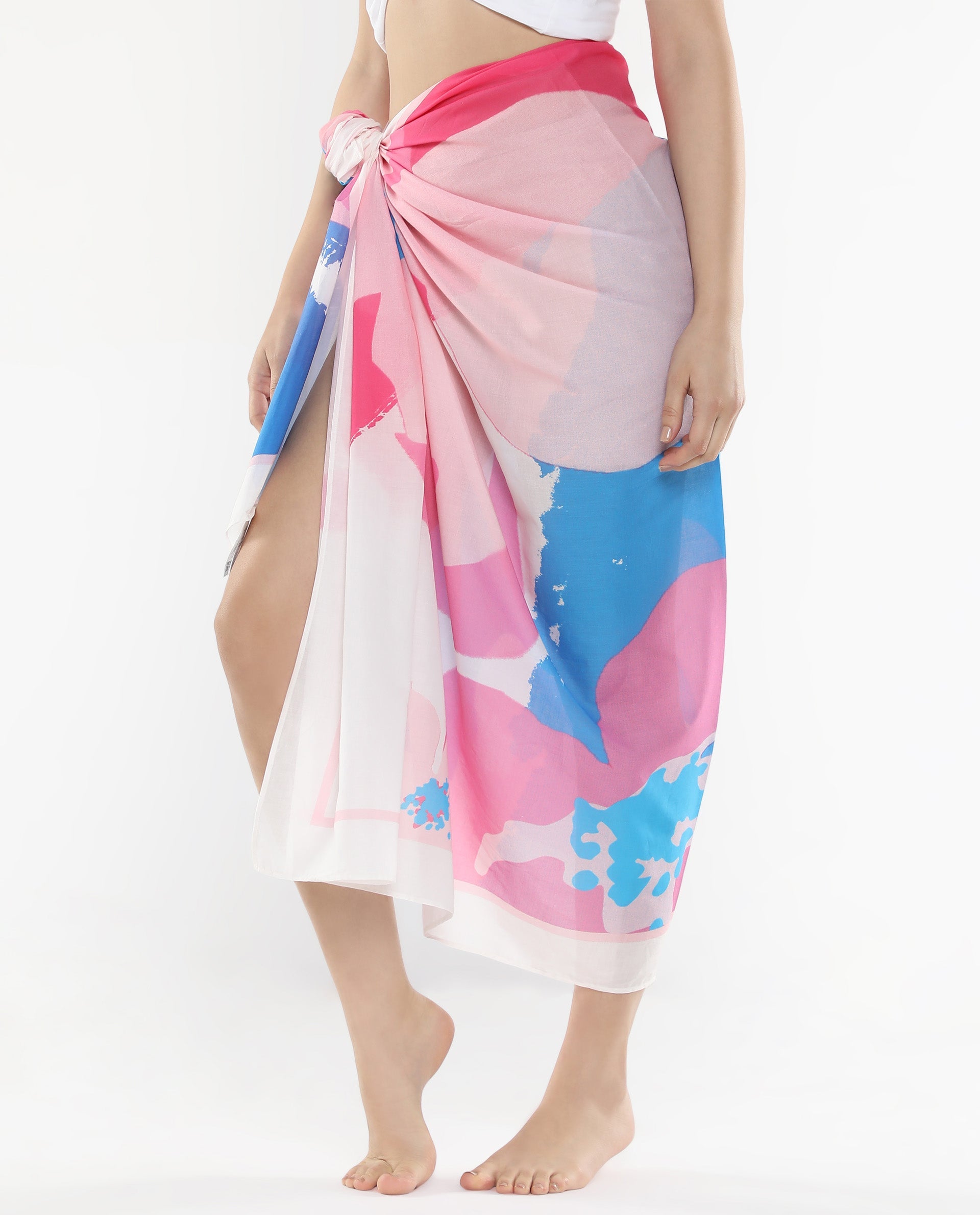 Rareism Women's Joellina Pink Cotton Floral Print Midi Draped Sarong