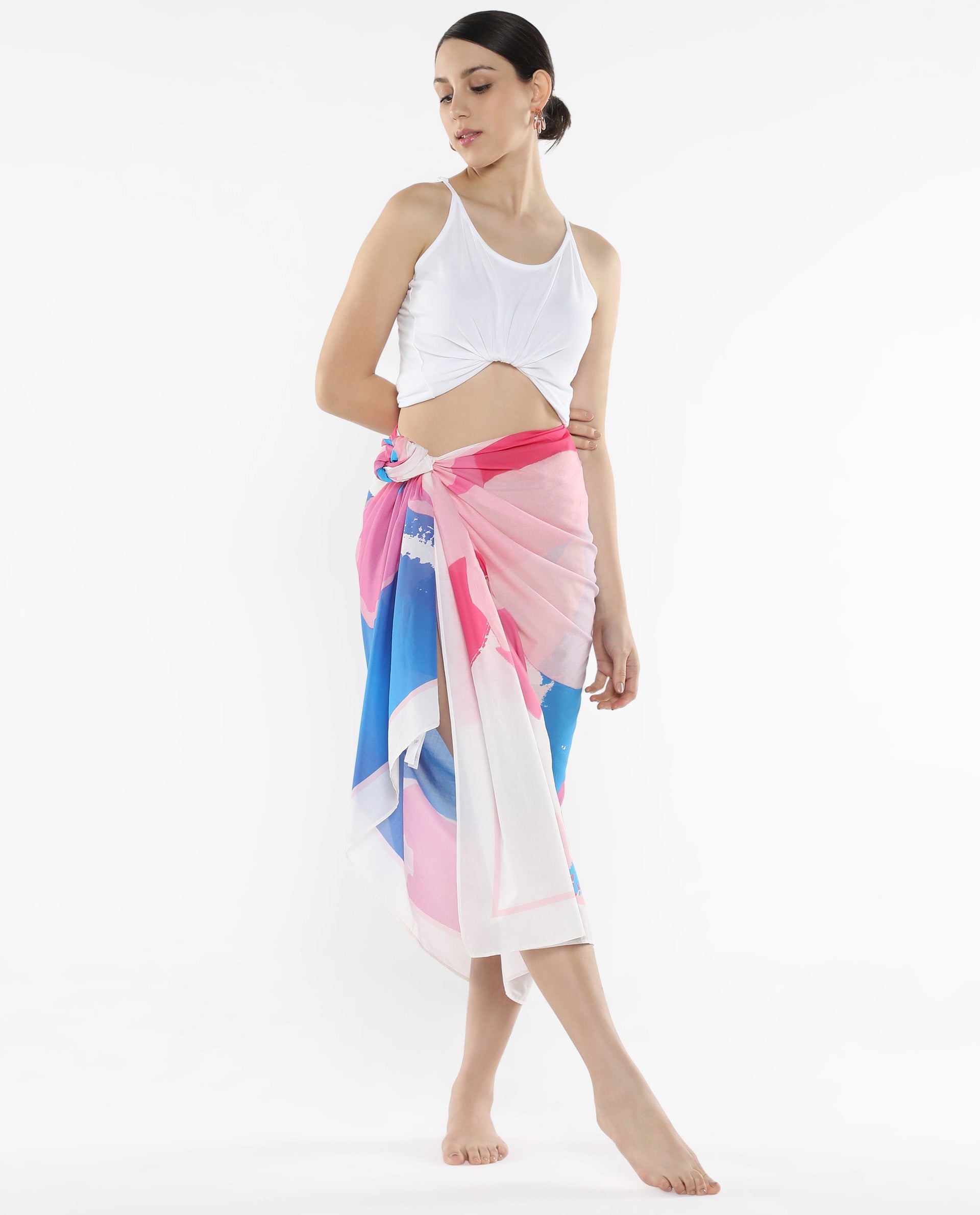 Rareism Women's Joellina Pink Cotton Floral Print Midi Draped Sarong