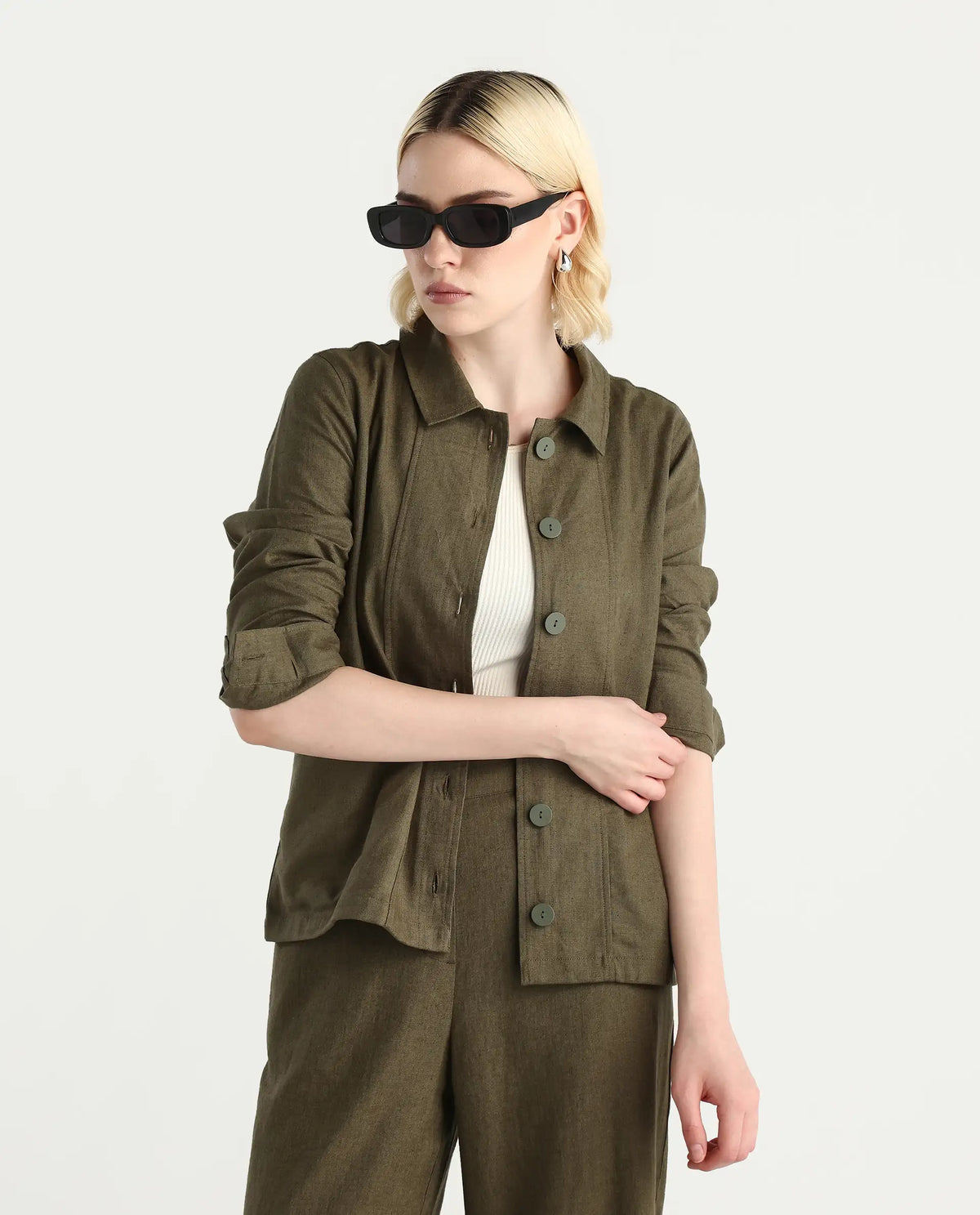 Rareism Women's Jomow-T Olive Linen Blend Collared Neck Regular Plain Shacket