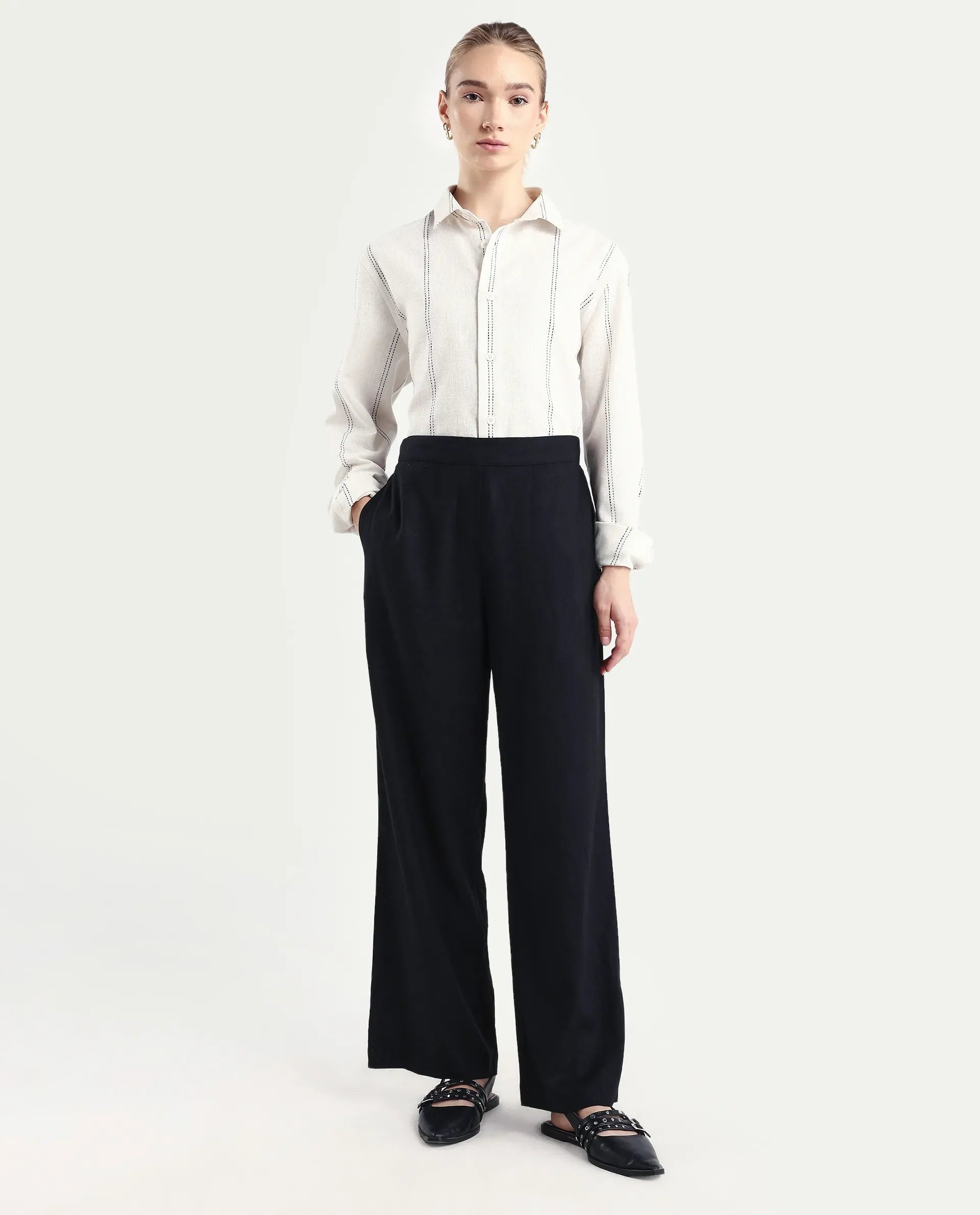 Rareism Women's Jomow-B Black Linen Blend Regular Fit Trouser