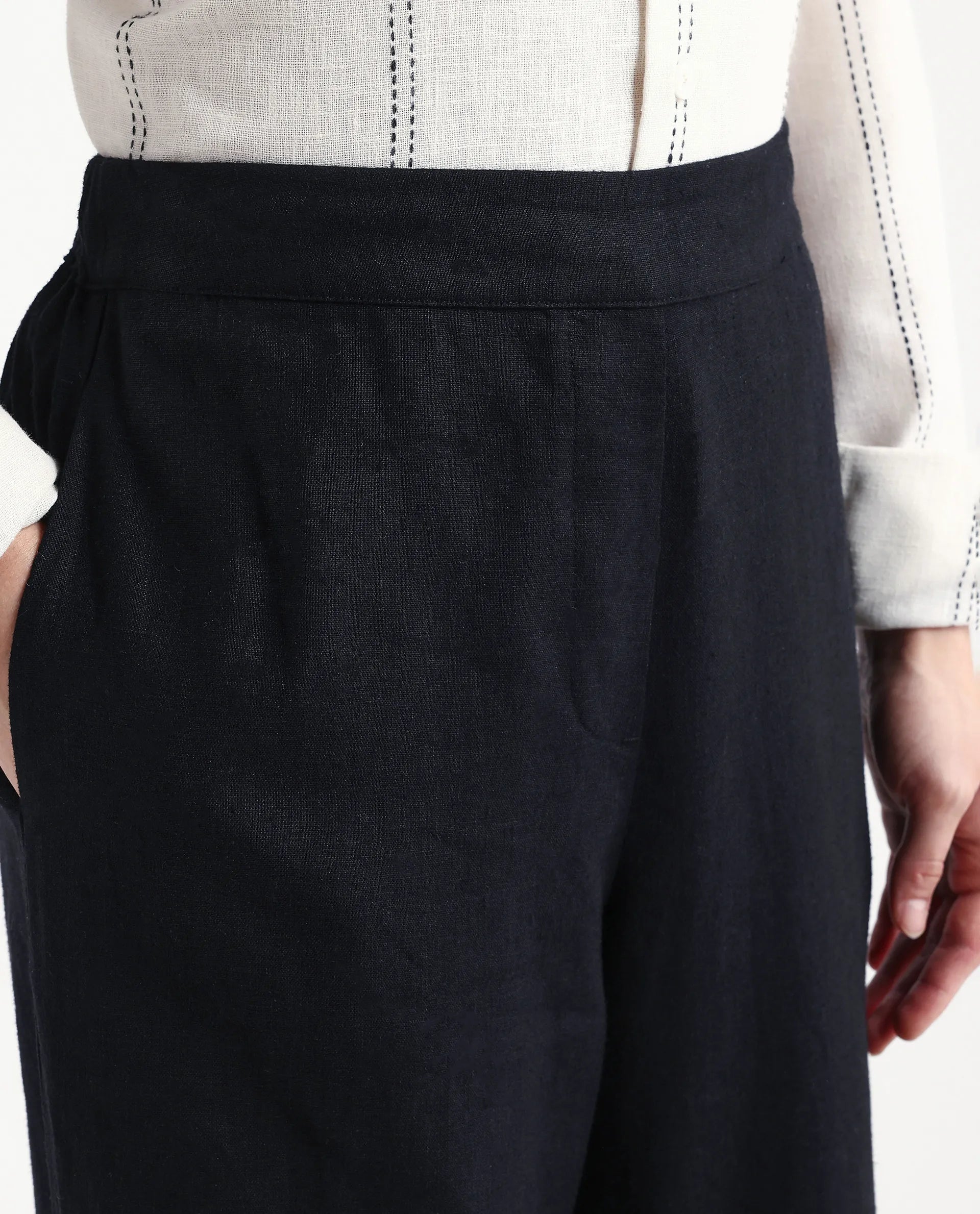 Rareism Women's Jomow-B Black Linen Blend Regular Fit Trouser