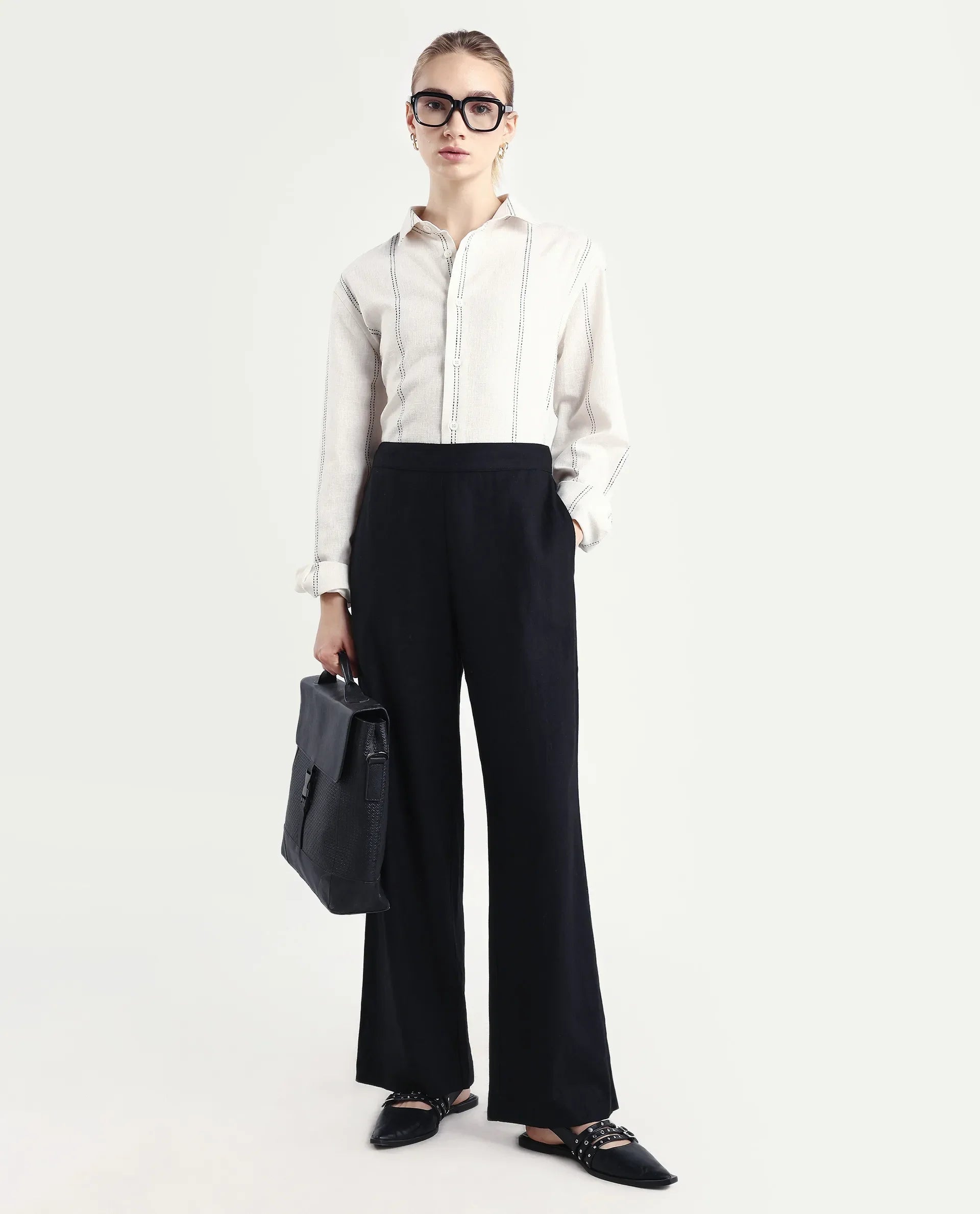 Rareism Women's Jomow-B Black Linen Blend Regular Fit Trouser