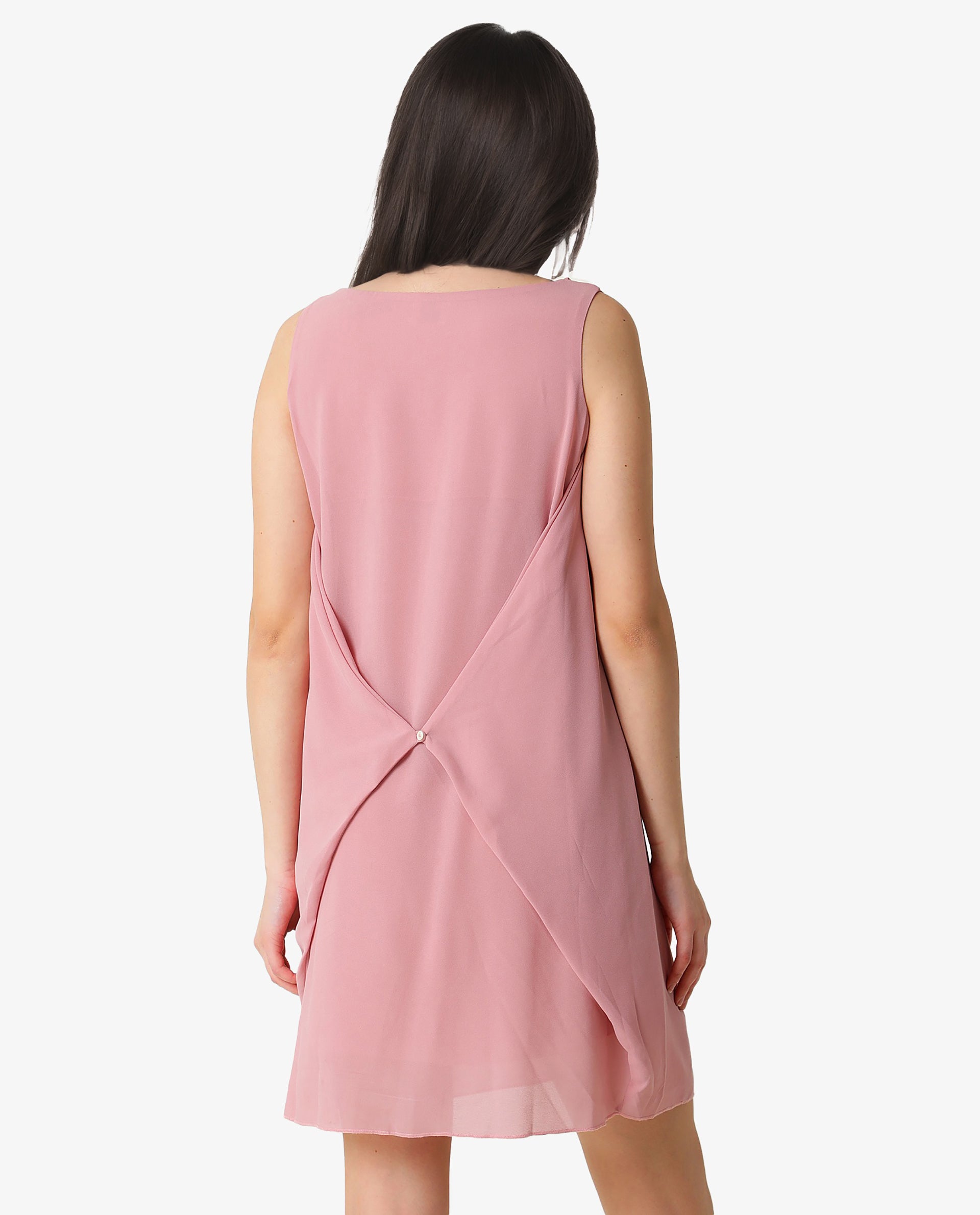 Rareism Women's Jonas Pink Boat Neck Plain Sleeveless Knee Length Regular Fit Dress