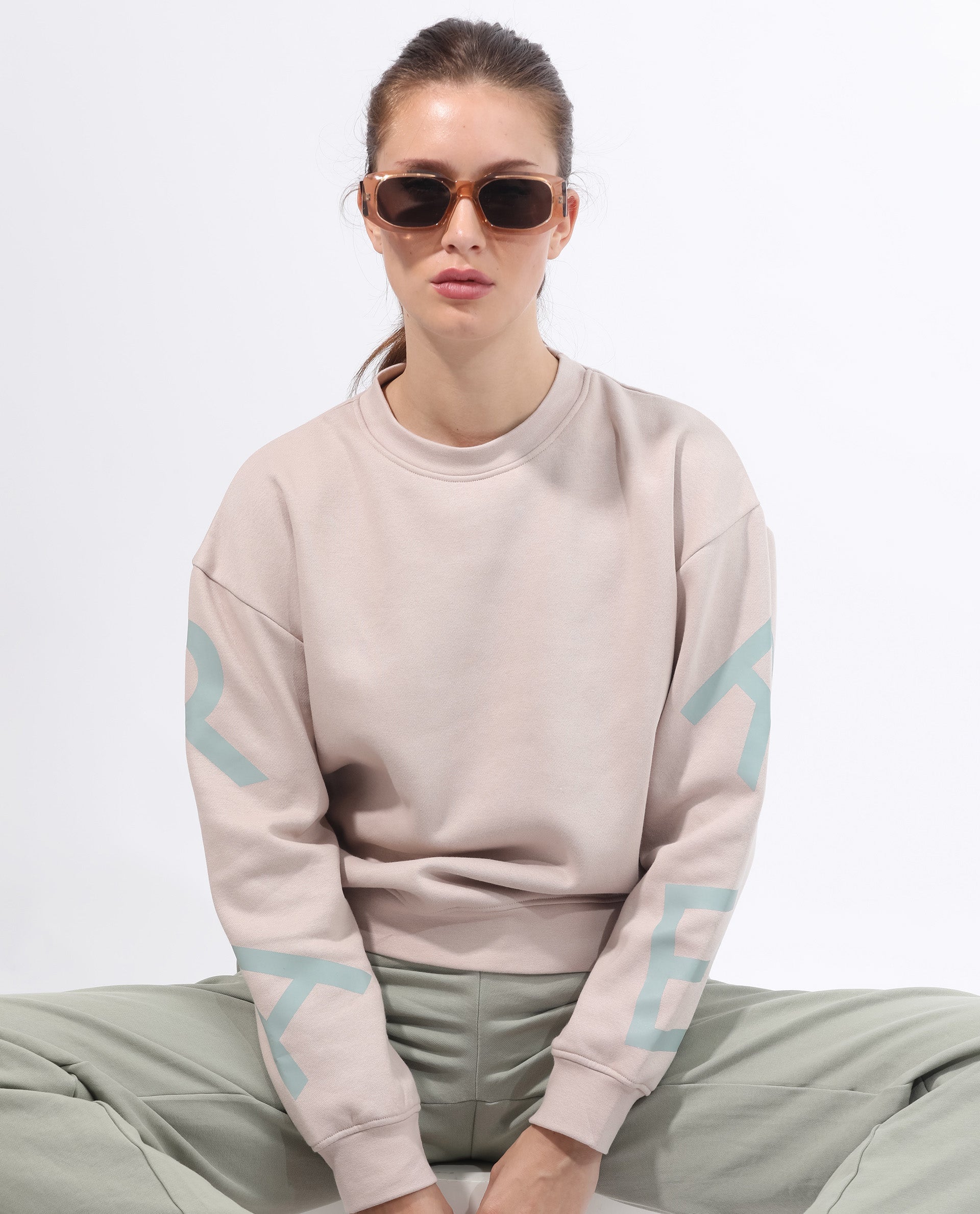 Rareism Articale Women Joni Beige Poly Cotton Fabric Full Sleeves Crew Neck Regular Fit Graphic Print Sweatshirt