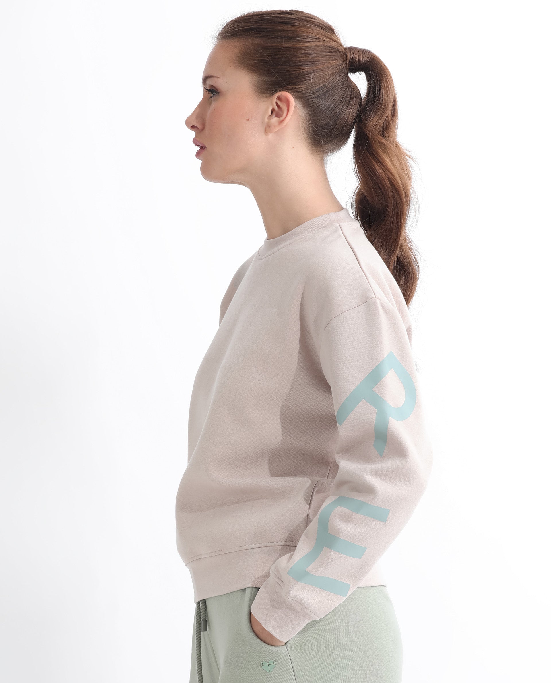 Rareism Articale Women Joni Beige Poly Cotton Fabric Full Sleeves Crew Neck Regular Fit Graphic Print Sweatshirt