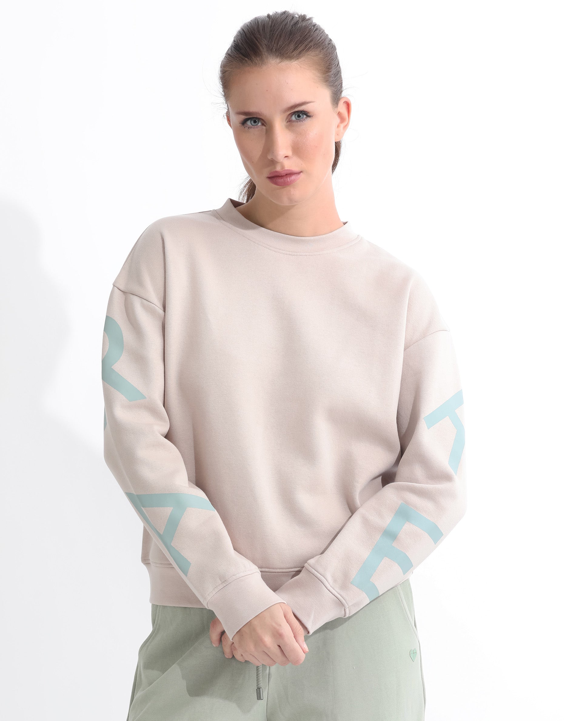 Rareism Articale Women Joni Beige Poly Cotton Fabric Full Sleeves Crew Neck Regular Fit Graphic Print Sweatshirt