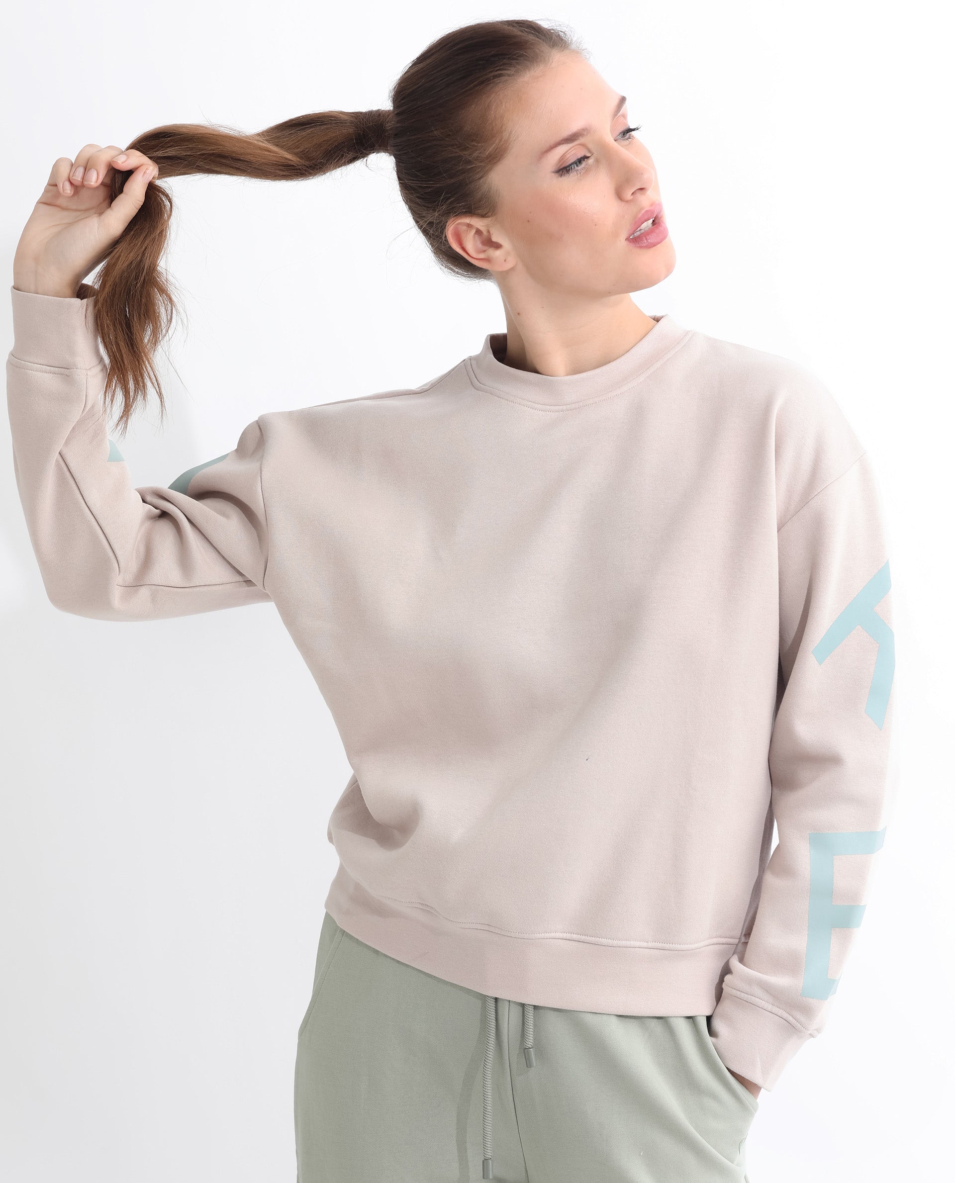 Rareism Articale Women Joni Beige Poly Cotton Fabric Full Sleeves Crew Neck Regular Fit Graphic Print Sweatshirt