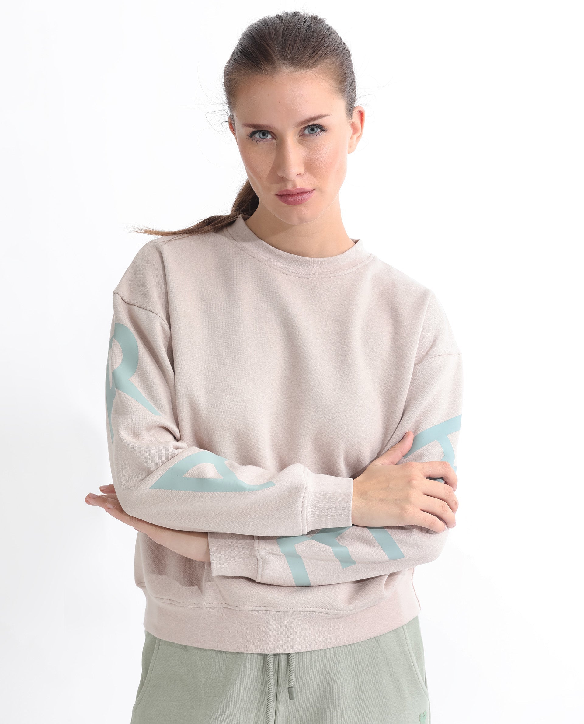 Rareism Articale Women Joni Beige Poly Cotton Fabric Full Sleeves Crew Neck Regular Fit Graphic Print Sweatshirt