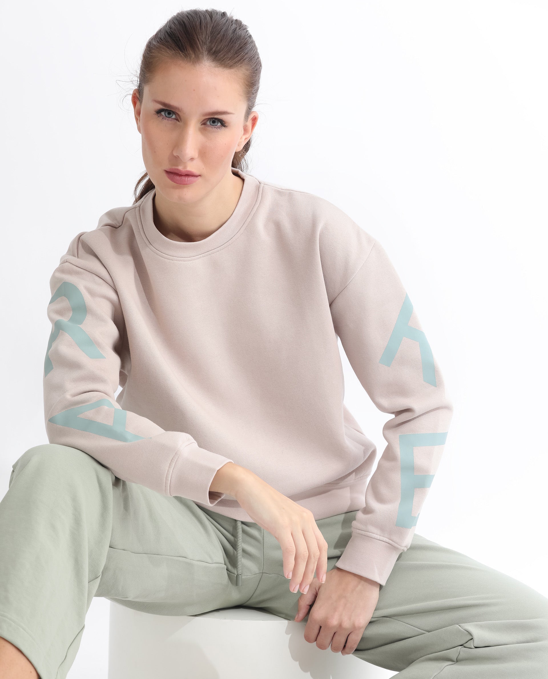Rareism Articale Women Joni Beige Poly Cotton Fabric Full Sleeves Crew Neck Regular Fit Graphic Print Sweatshirt
