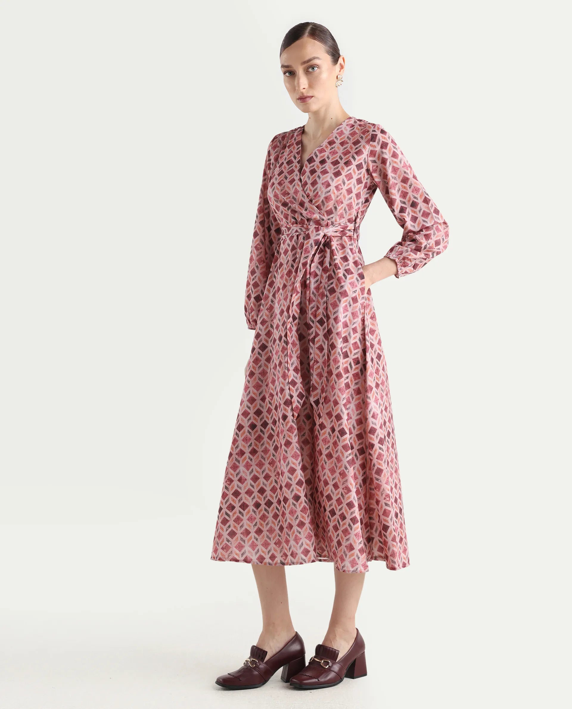 Rareism Women's Jorci Multi Polyester Overlap Neck Geometric Print Bishop Sleeve Maxi Fit And Flare Dress